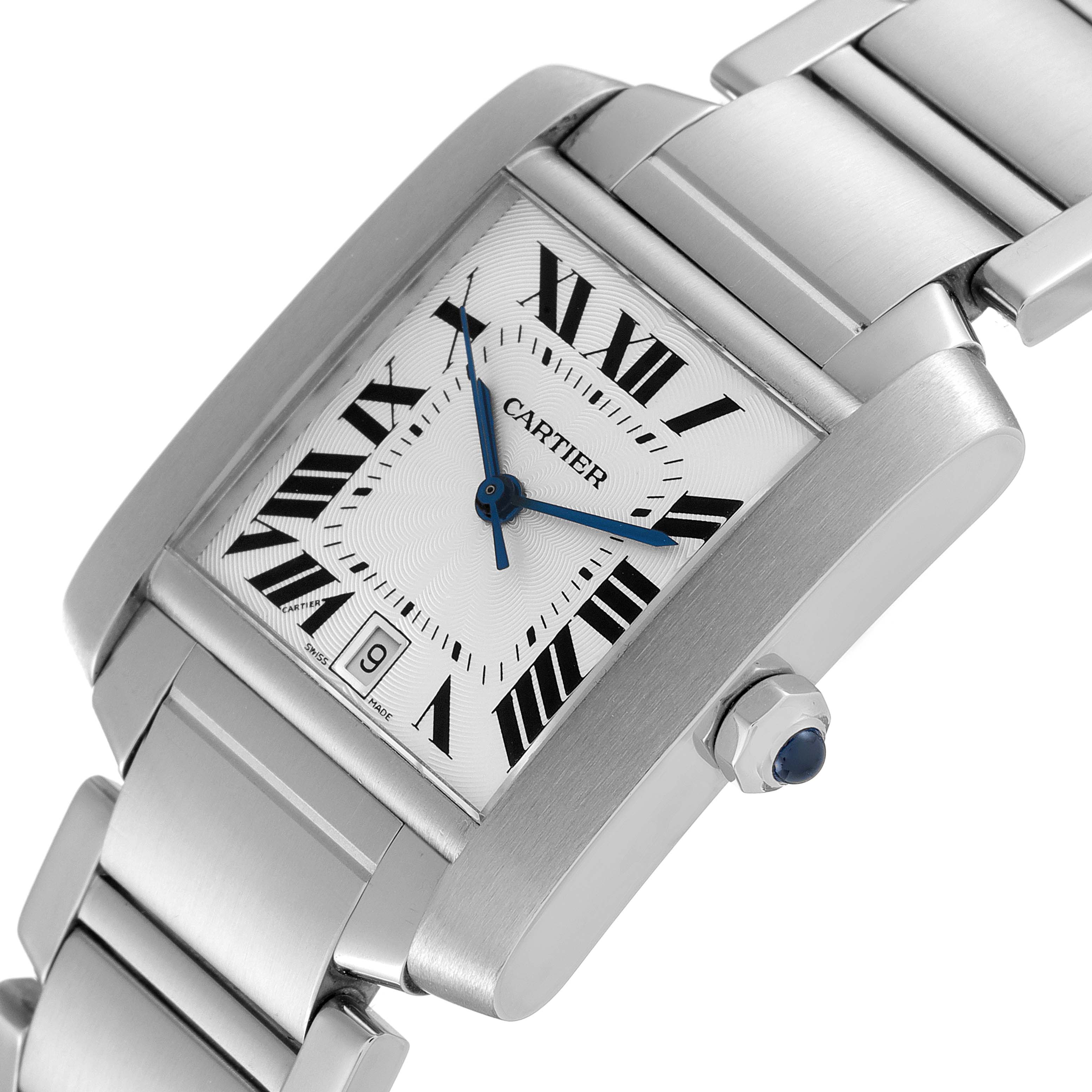 This image shows a close-up, angled view of the Cartier Tank Francaise W51002Q3 Men's Stainless Steel Silver Dial W51002Q3 Men's Stainless Steel Silver Dial watch, highlighting the face, bracelet, and crown.