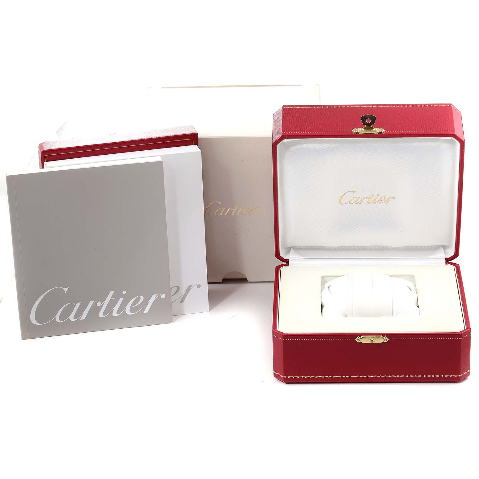 The image shows the packaging and accessories for a Cartier Tank Francaise W51002Q3 Men's Stainless Steel Silver Dial W51002Q3 Men's Stainless Steel Silver Dial watch, including a red box, white cardboard box, and a booklet.
