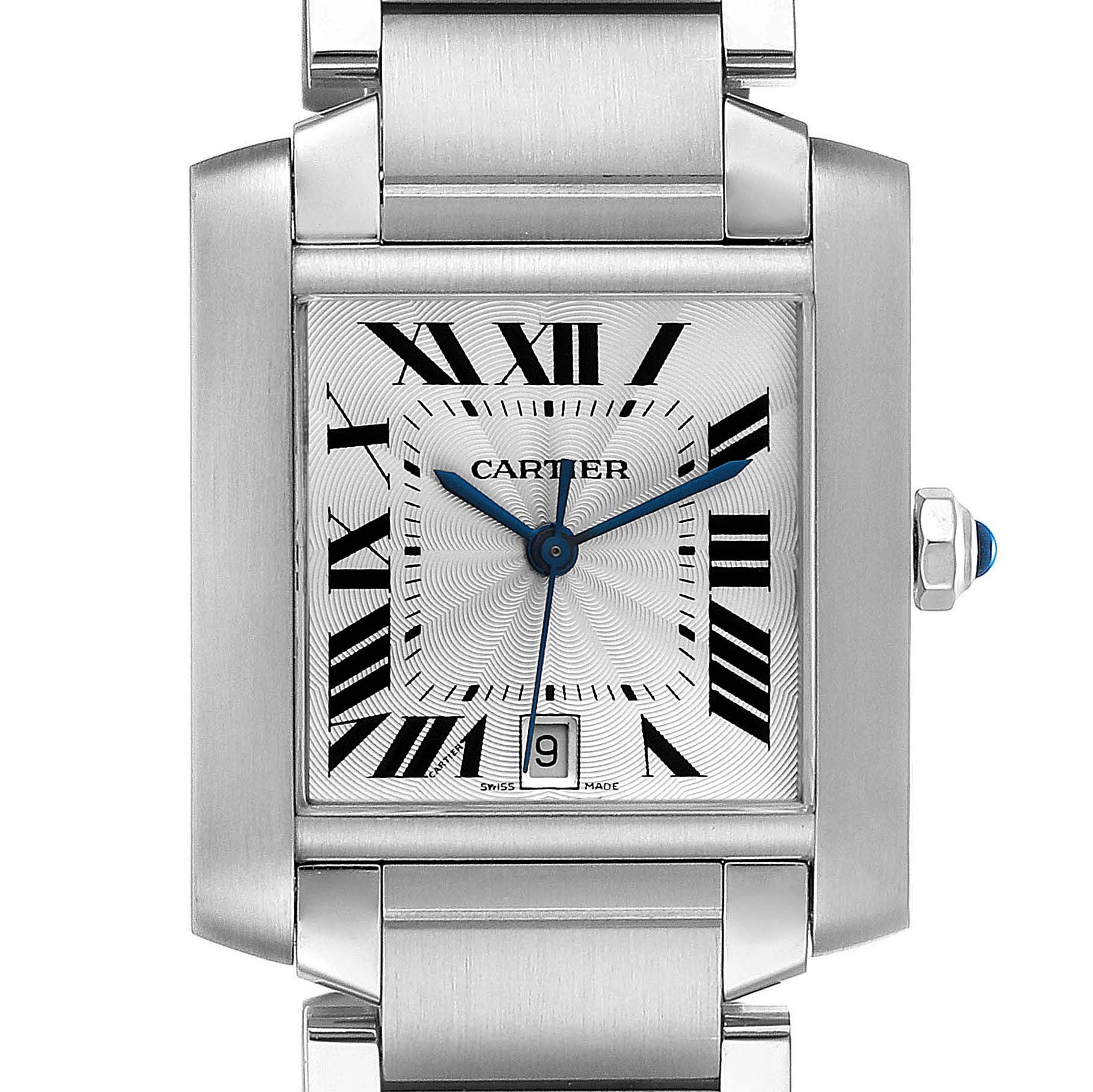 The image shows a Cartier Tank Française watch face with its bracelet, Roman numerals, and a date window at the bottom.