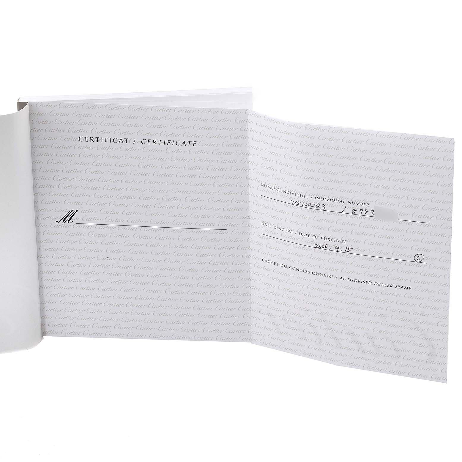 The image shows the certificate for the Cartier Tank Francaise W51002Q3 Men's Stainless Steel Silver Dial W51002Q3 Men's Stainless Steel Silver Dial watch, including its purchase date and individual number.