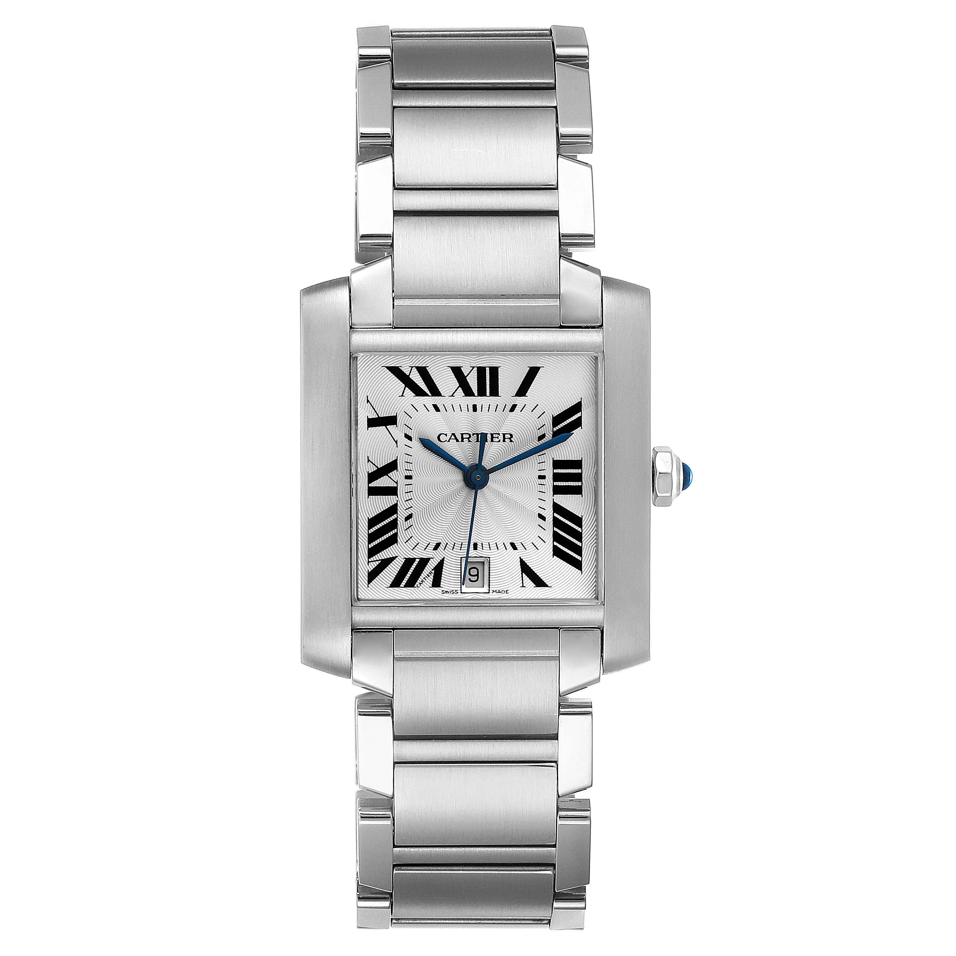 The image shows a Cartier Tank Française watch from a front view, displaying its face, bracelet, and crown.