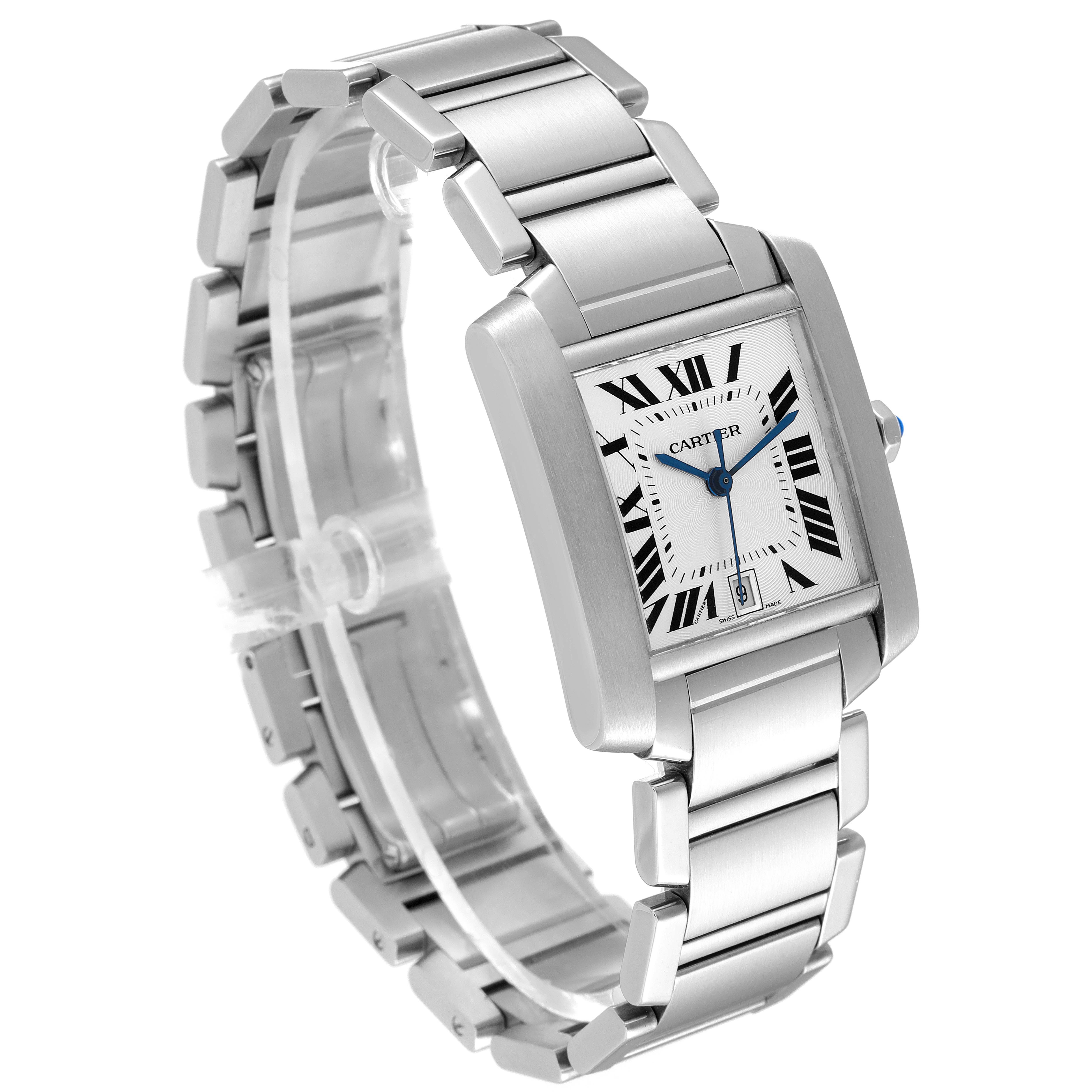 The image shows a Cartier Tank Française watch from a slight front-left angle, highlighting the rectangular face and stainless steel bracelet.