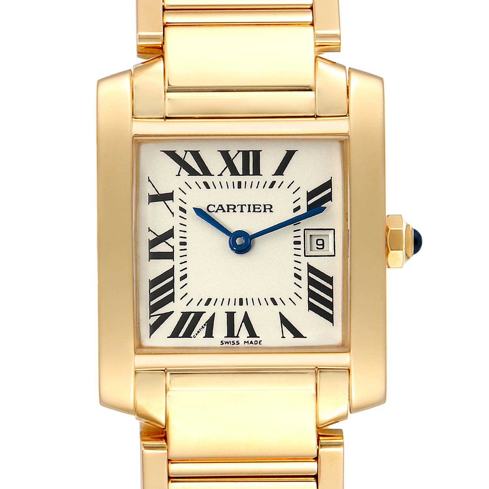 This image shows a close-up front view of the Cartier Tank Francaise W50014N2 Women's Yellow Gold Silver Dial W50014N2 Women's Yellow Gold Silver Dial watch, highlighting its face and partial bracelet.