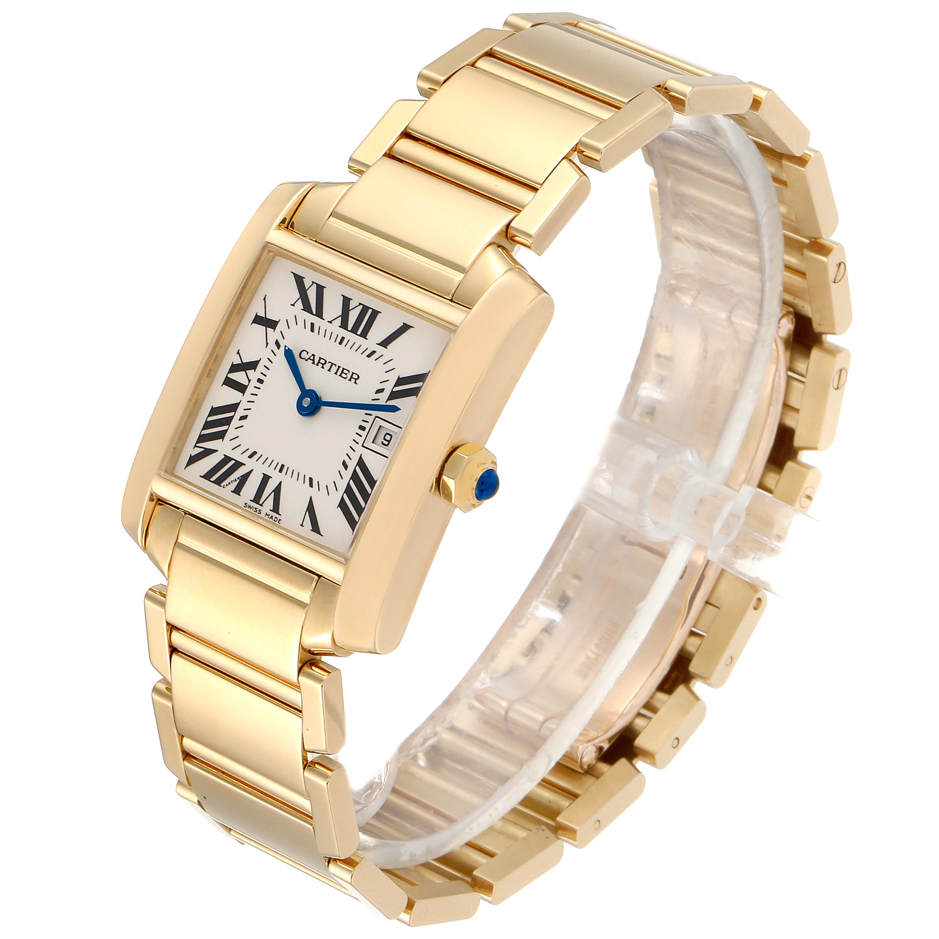 The image shows a Cartier Tank Française watch, highlighting its gold rectangular case, Roman numeral dial, and metal bracelet.