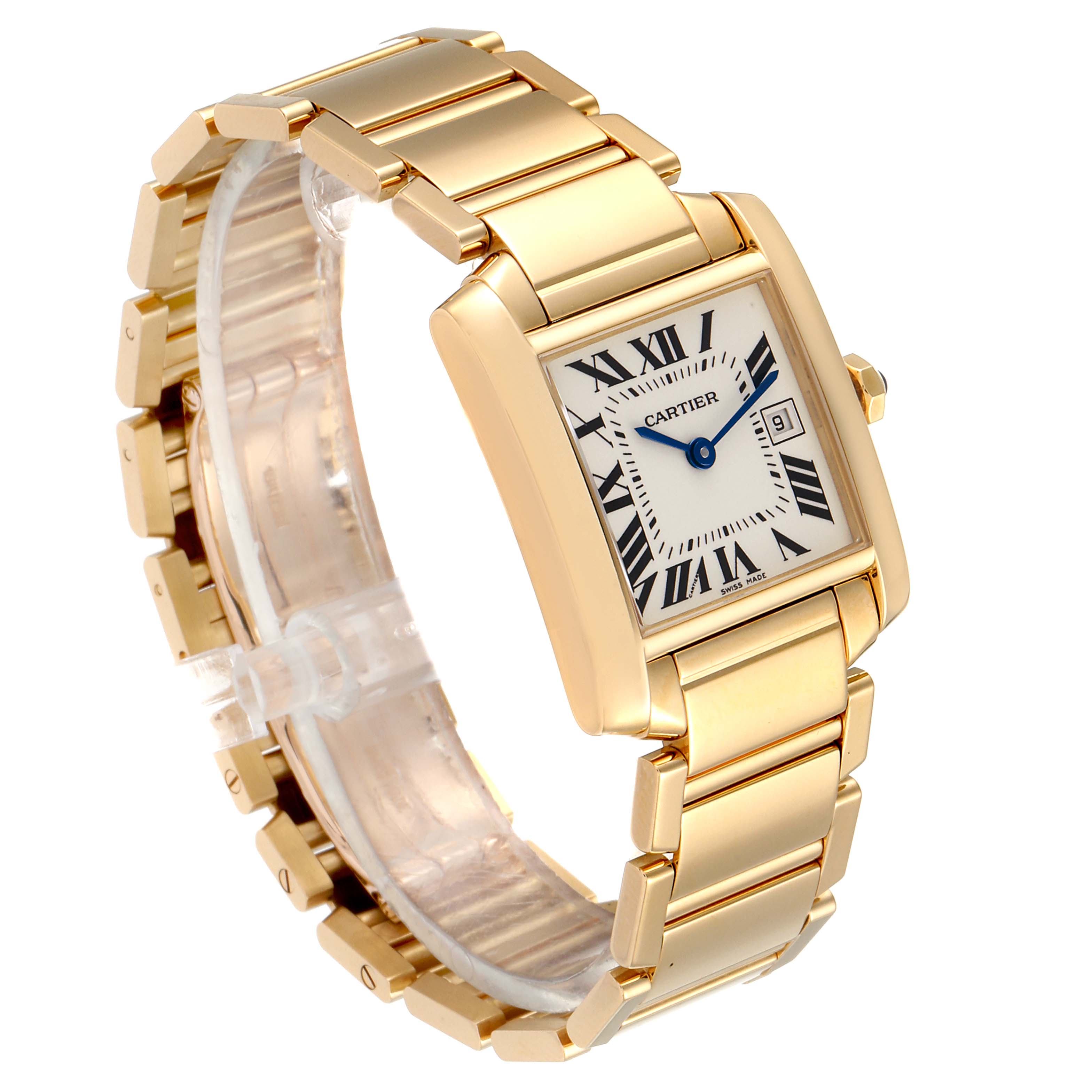 The image shows a Cartier Tank Francaise W50014N2 Women's Yellow Gold Silver Dial W50014N2 Women's Yellow Gold Silver Dial watch angled to display the face, bracelet, and side profile, featuring a gold finish and Roman numerals.