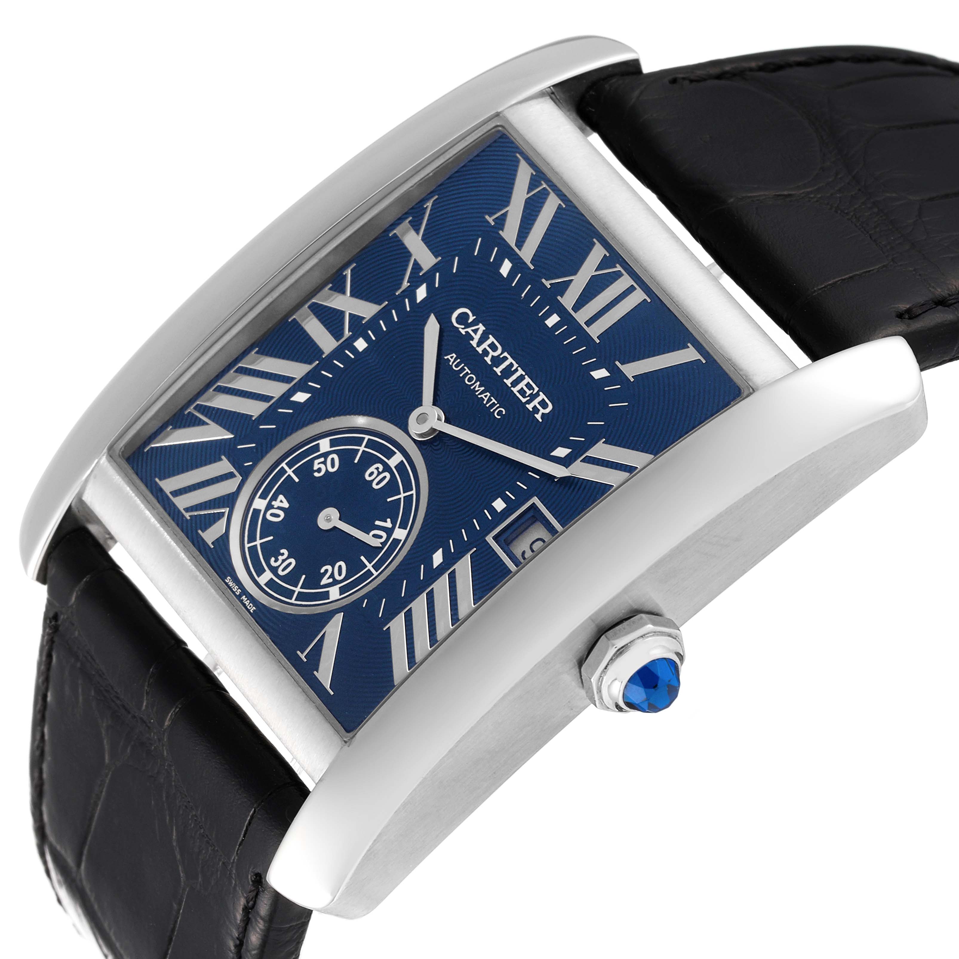 The image shows a side angle view of the Cartier Tank MC WSTA0010 Men's Stainless Steel Blue Dial WSTA0010 Men's Stainless Steel Blue Dial model watch, highlighting its blue dial, Roman numerals, and crown.