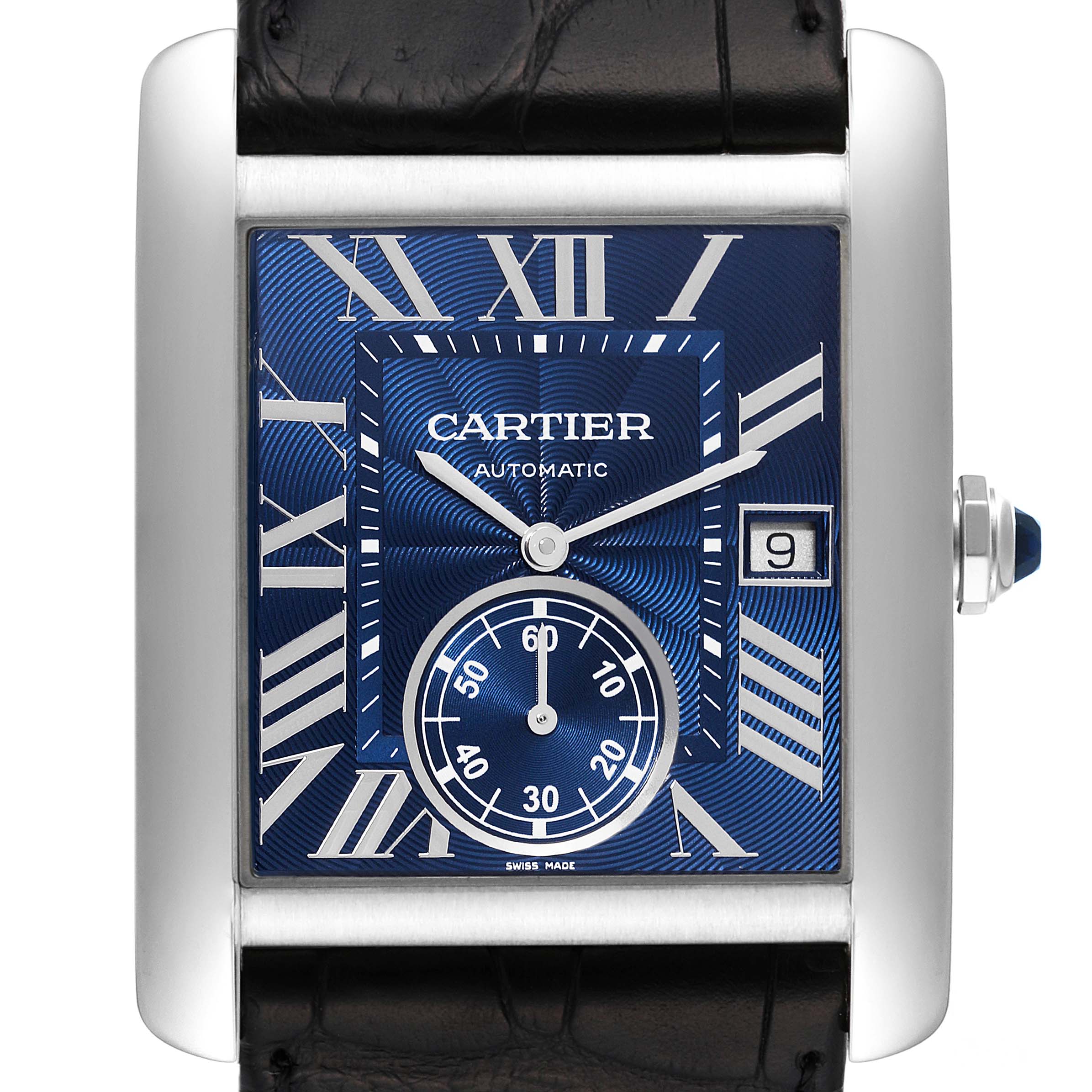 This image shows a frontal view of the Cartier Tank MC WSTA0010 Men's Stainless Steel Blue Dial WSTA0010 Men's Stainless Steel Blue Dial watch, highlighting the dial, hands, date window, and part of the strap.