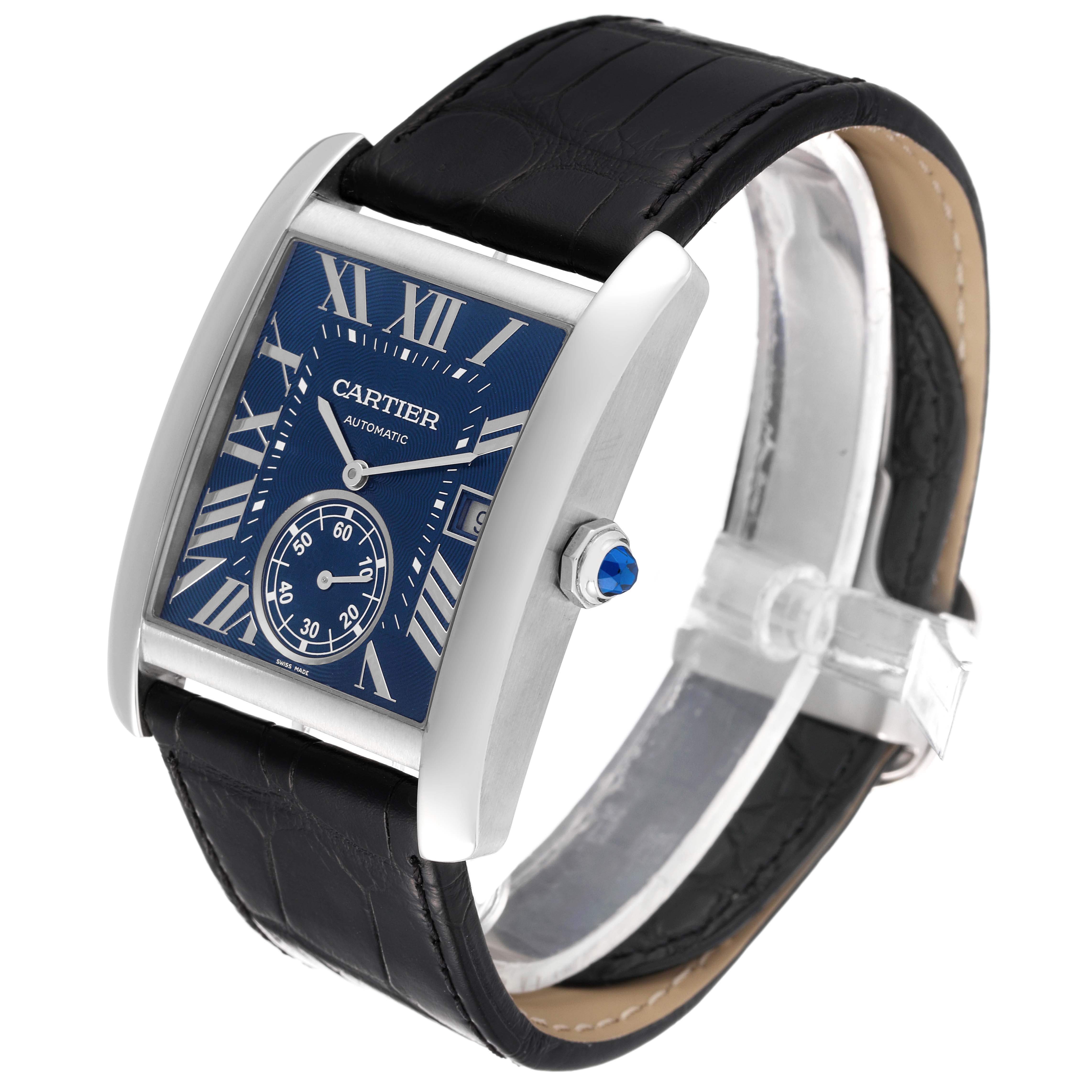 The image shows a Cartier Tank MC WSTA0010 Men's Stainless Steel Blue Dial WSTA0010 Men's Stainless Steel Blue Dial watch at a slight angle, highlighting the dial, case, bezel, crown, and black leather strap.