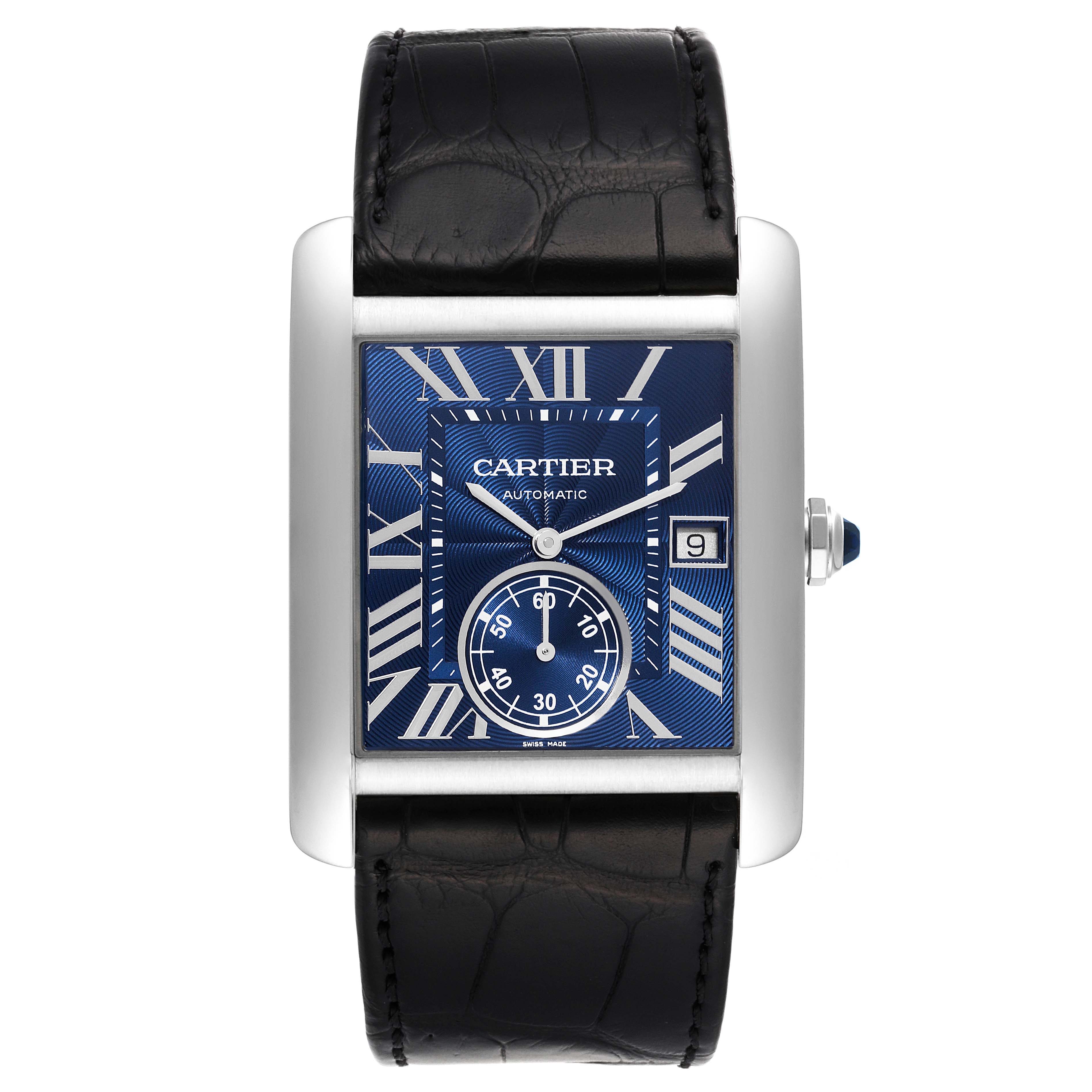The image shows a front view of the Cartier Tank MC WSTA0010 Men's Stainless Steel Blue Dial WSTA0010 Men's Stainless Steel Blue Dial watch, featuring its dial, case, and leather strap.