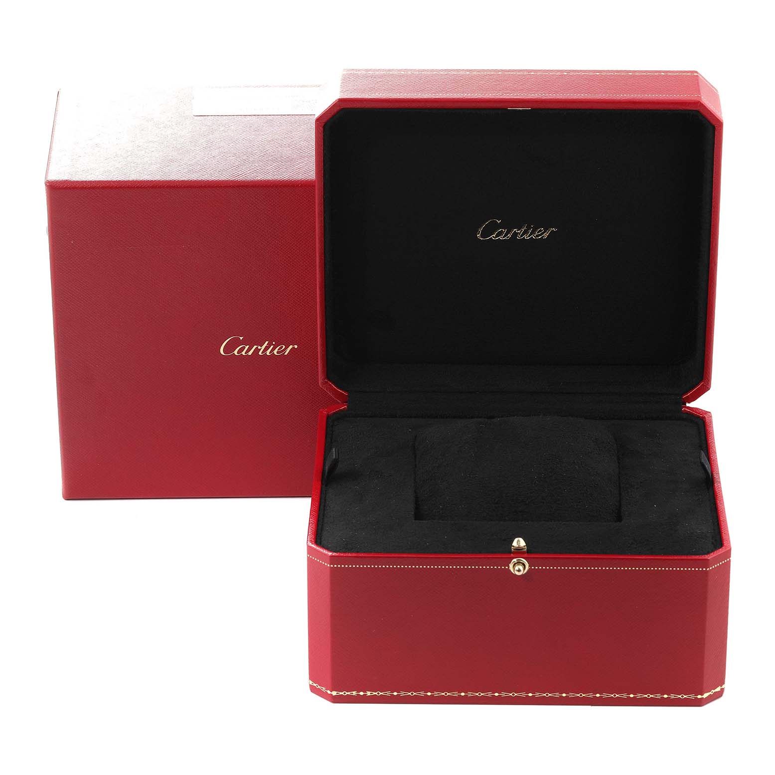 The image shows an open red Cartier box for the Tank MC model, featuring black interior lining and a cushioned watch holder.