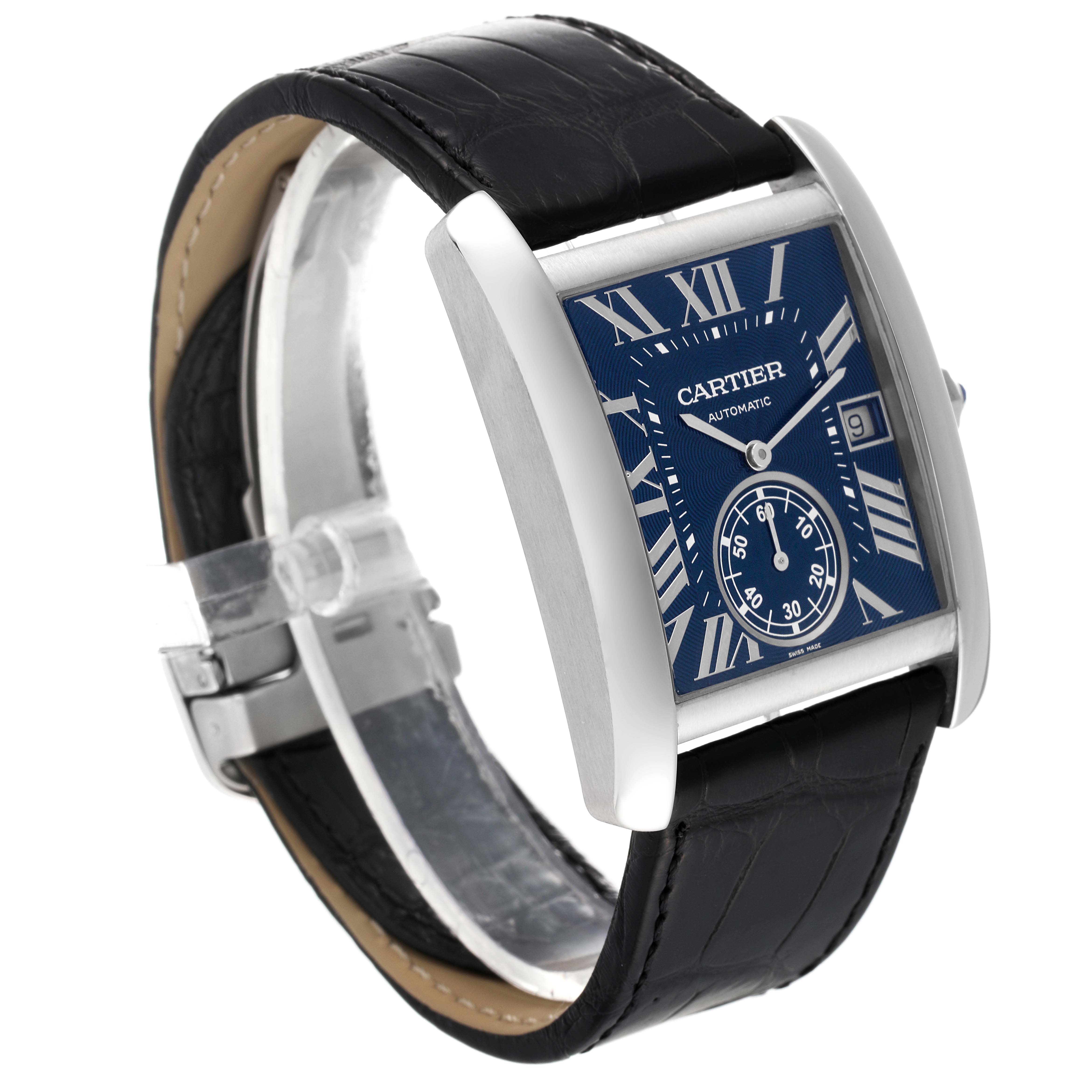 The image shows a Cartier Tank MC WSTA0010 Men's Stainless Steel Blue Dial WSTA0010 Men's Stainless Steel Blue Dial watch at a slight angle, detailing the face, stainless steel case, and leather strap.