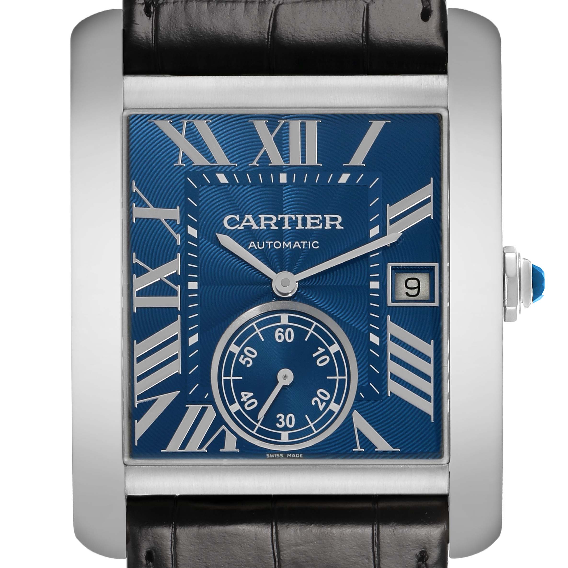 The Cartier Tank MC WSTA0010 Men's Stainless Steel Blue Dial watch is shown from a front-facing angle, highlighting its blue dial, Roman numerals, and date window.