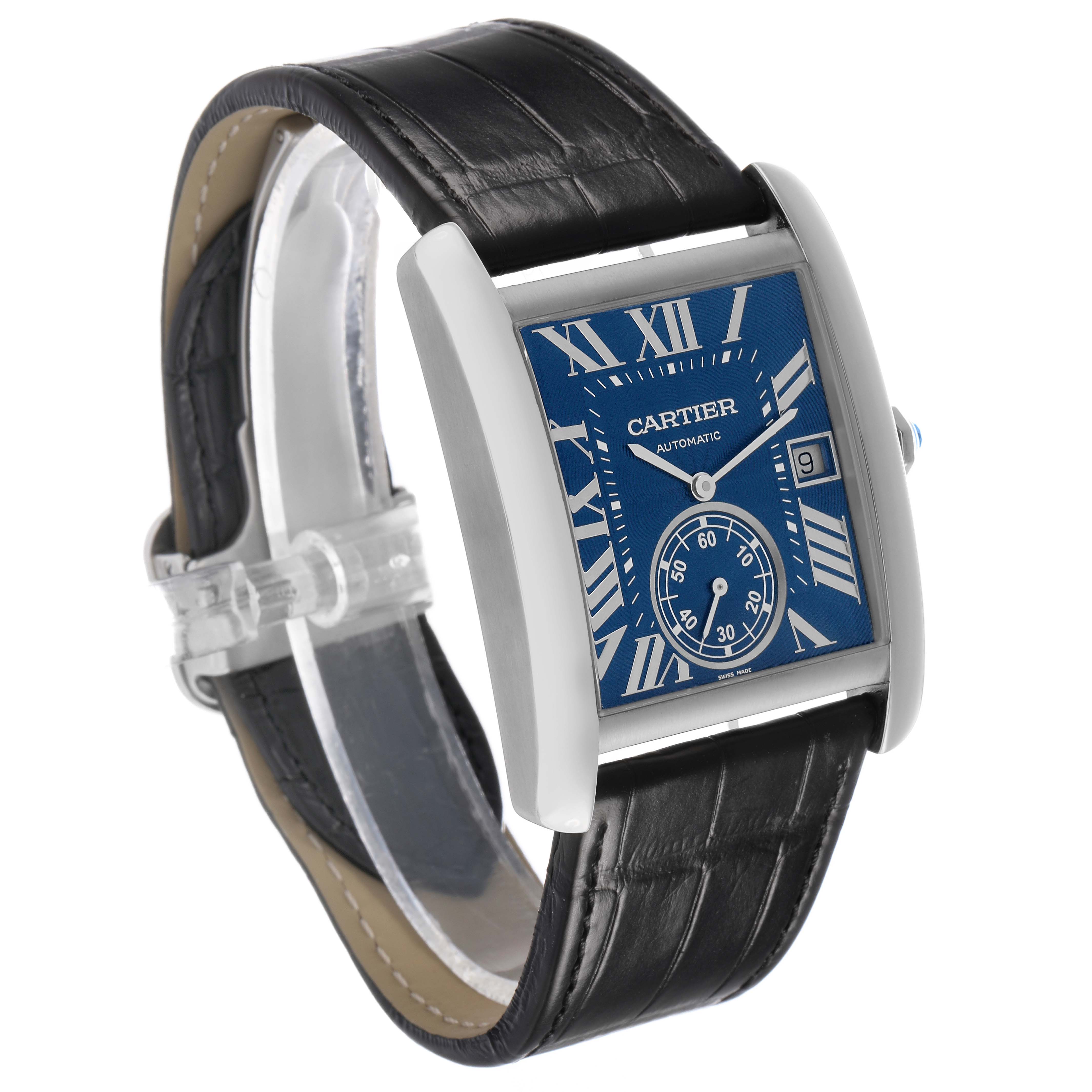 The Cartier Tank MC WSTA0010 Men's Stainless Steel Blue Dial watch is shown at an angled side view, featuring its case, blue dial, black leather strap, and date window.