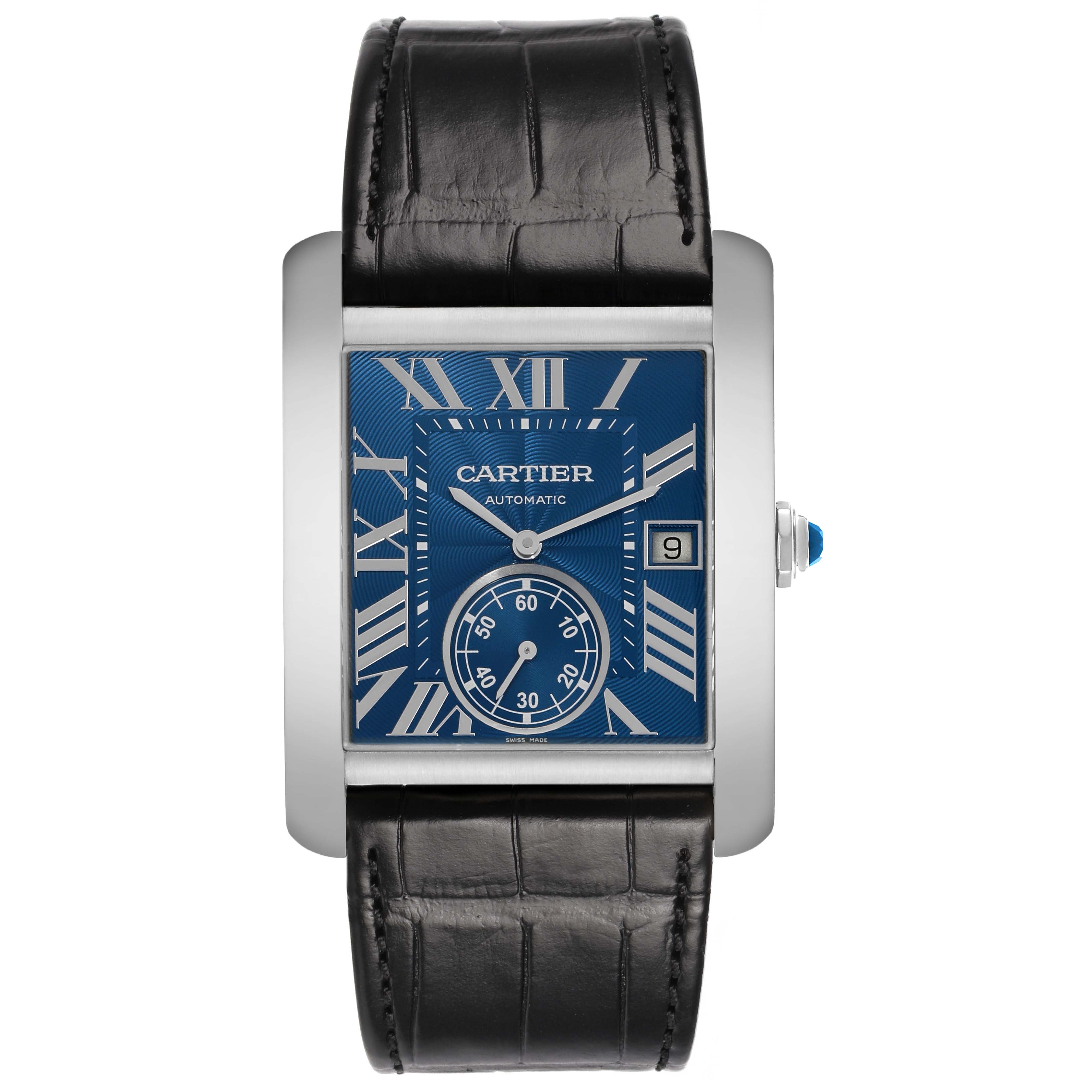 The Cartier Tank MC WSTA0010 Men's Stainless Steel Blue Dial is shown face-on, displaying the watch face, hands, date, and strap.
