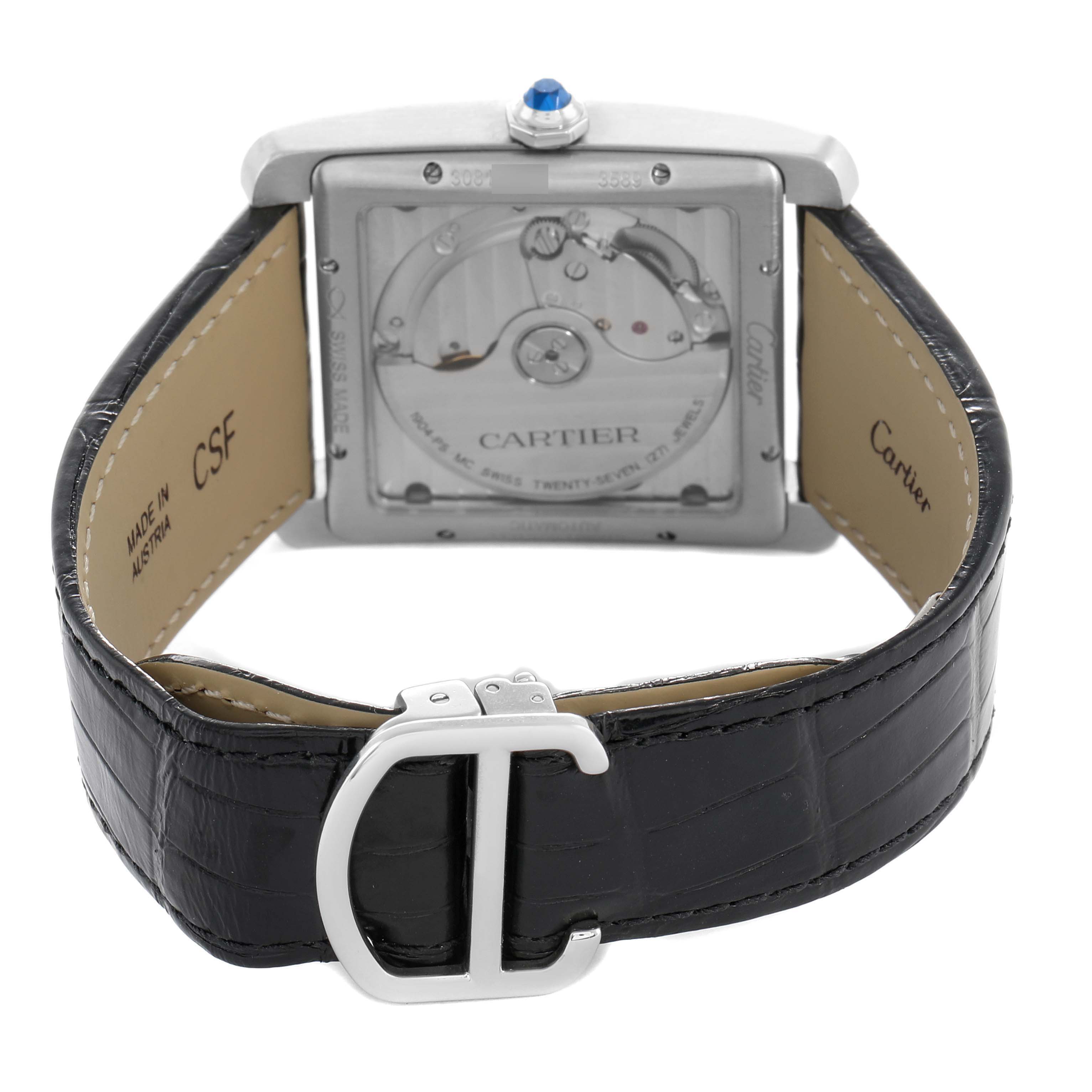 The Cartier Tank MC WSTA0010 Men's Stainless Steel Blue Dial watch is shown from the back, highlighting the movement and leather strap with a buckle.