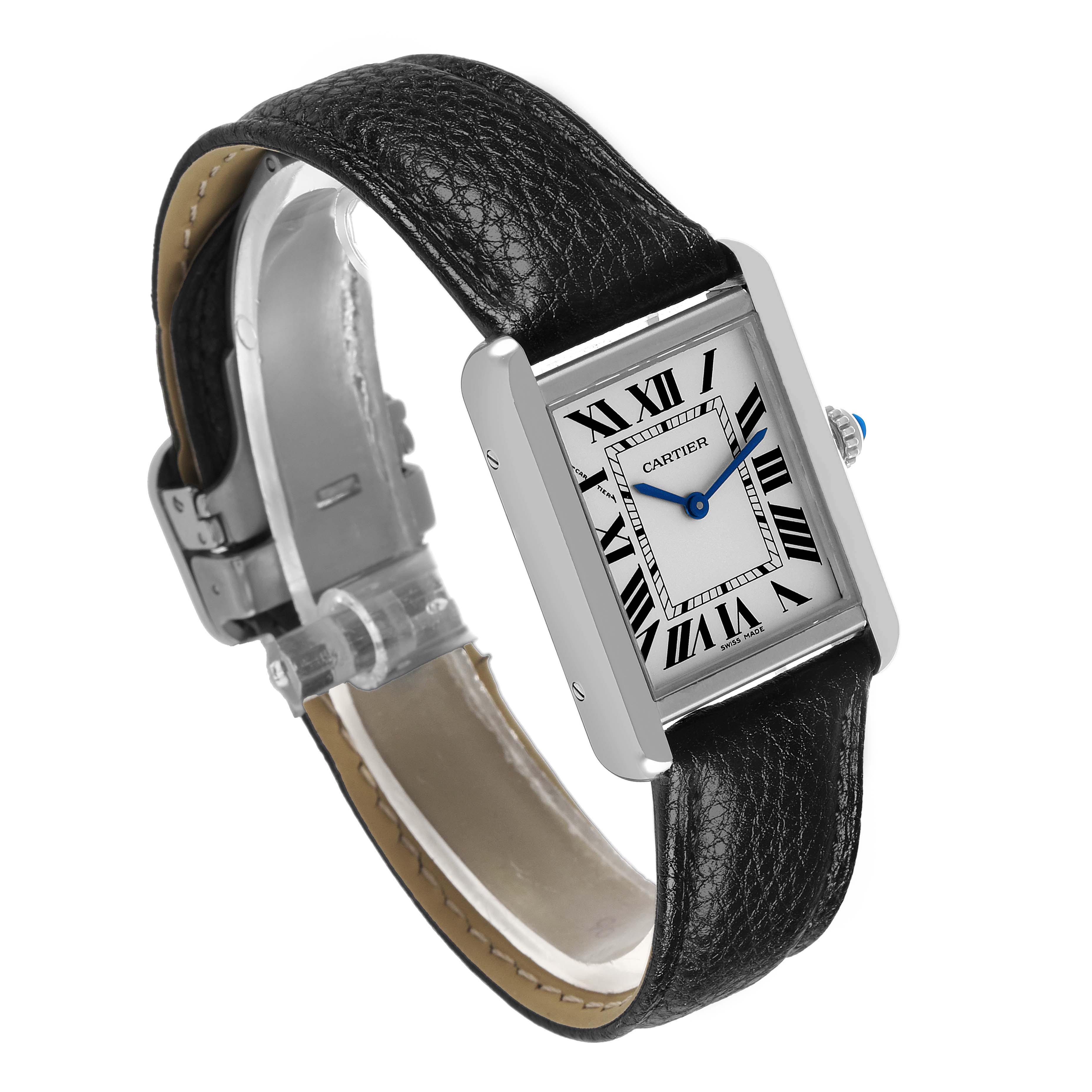 The Cartier Tank Solo WSTA0030 Women's Stainless Steel Silver Dial watch is shown at an angled view, highlighting its face, strap, and crown.