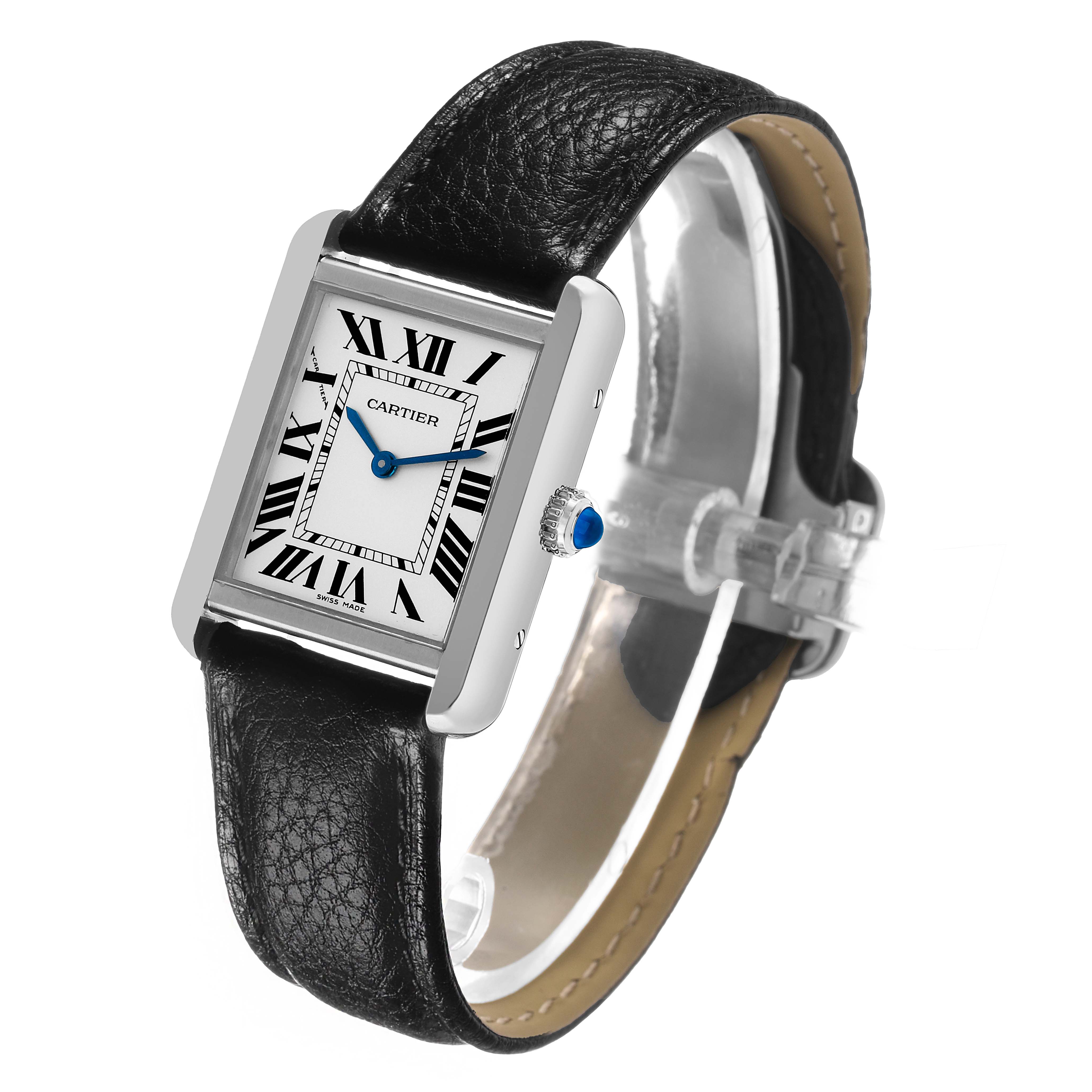 The Cartier Tank Solo WSTA0030 Women's Stainless Steel Silver Dial watch is shown at a three-quarter angle, featuring its face, leather strap, and distinctive blue crown.