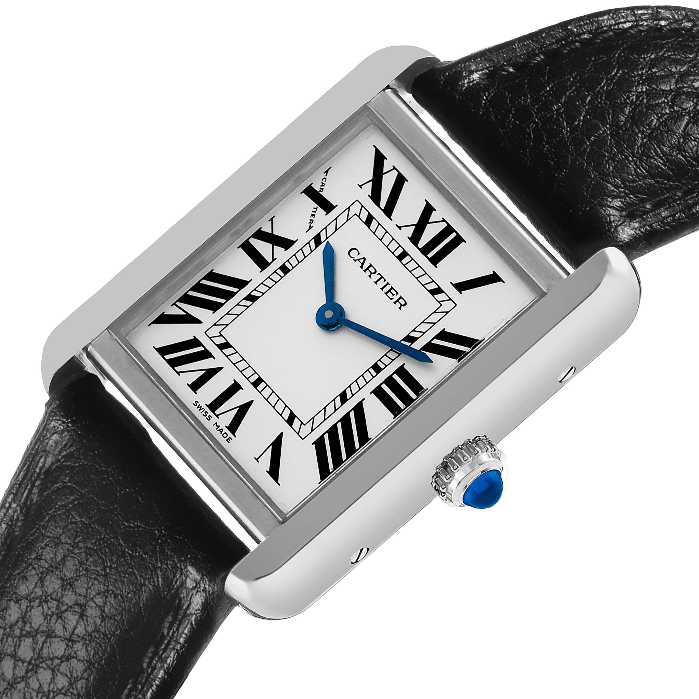 The Cartier Tank Solo WSTA0030 Women's Stainless Steel Silver Dial watch is shown at an angled view, displaying its rectangular face, Roman numerals, blue hands, and crown with a blue cabochon.