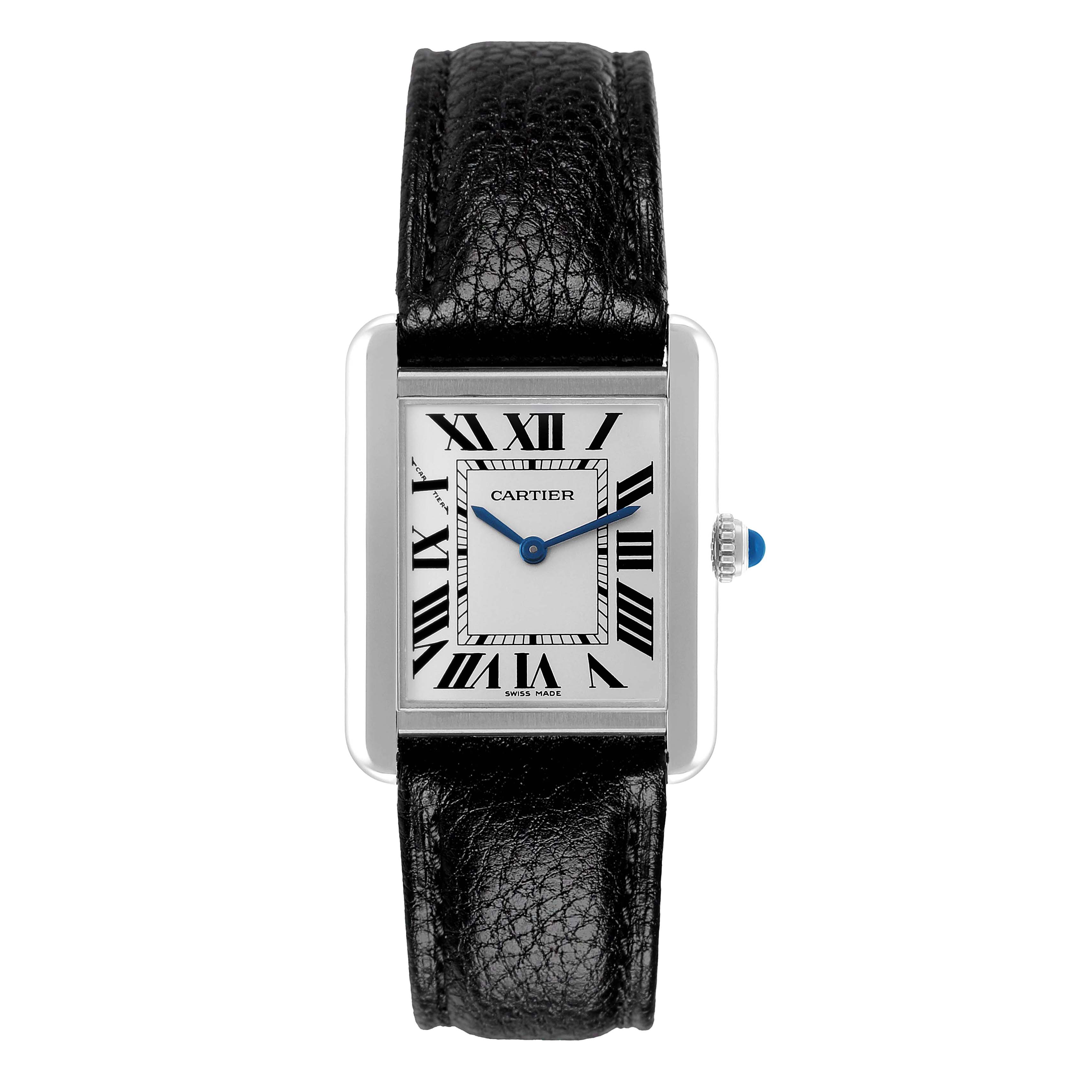 The Cartier Tank Solo WSTA0030 Women's Stainless Steel Silver Dial watch is shown from the front, displaying its square dial, Roman numerals, and black leather strap.