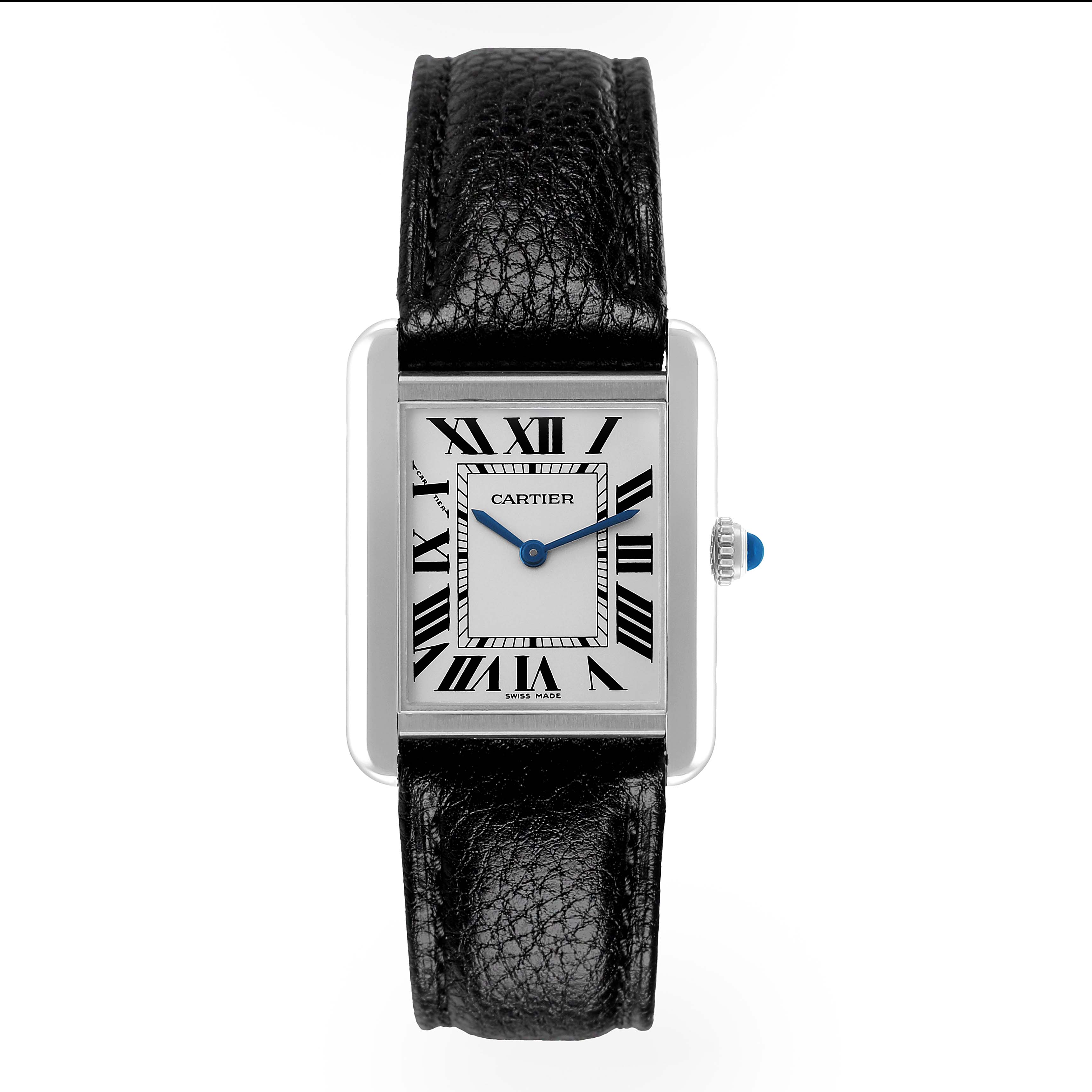 The Cartier Tank Solo WSTA0030 Women's Stainless Steel Silver Dial watch is shown from a front angle, displaying its entire face, leather strap, and side crown.