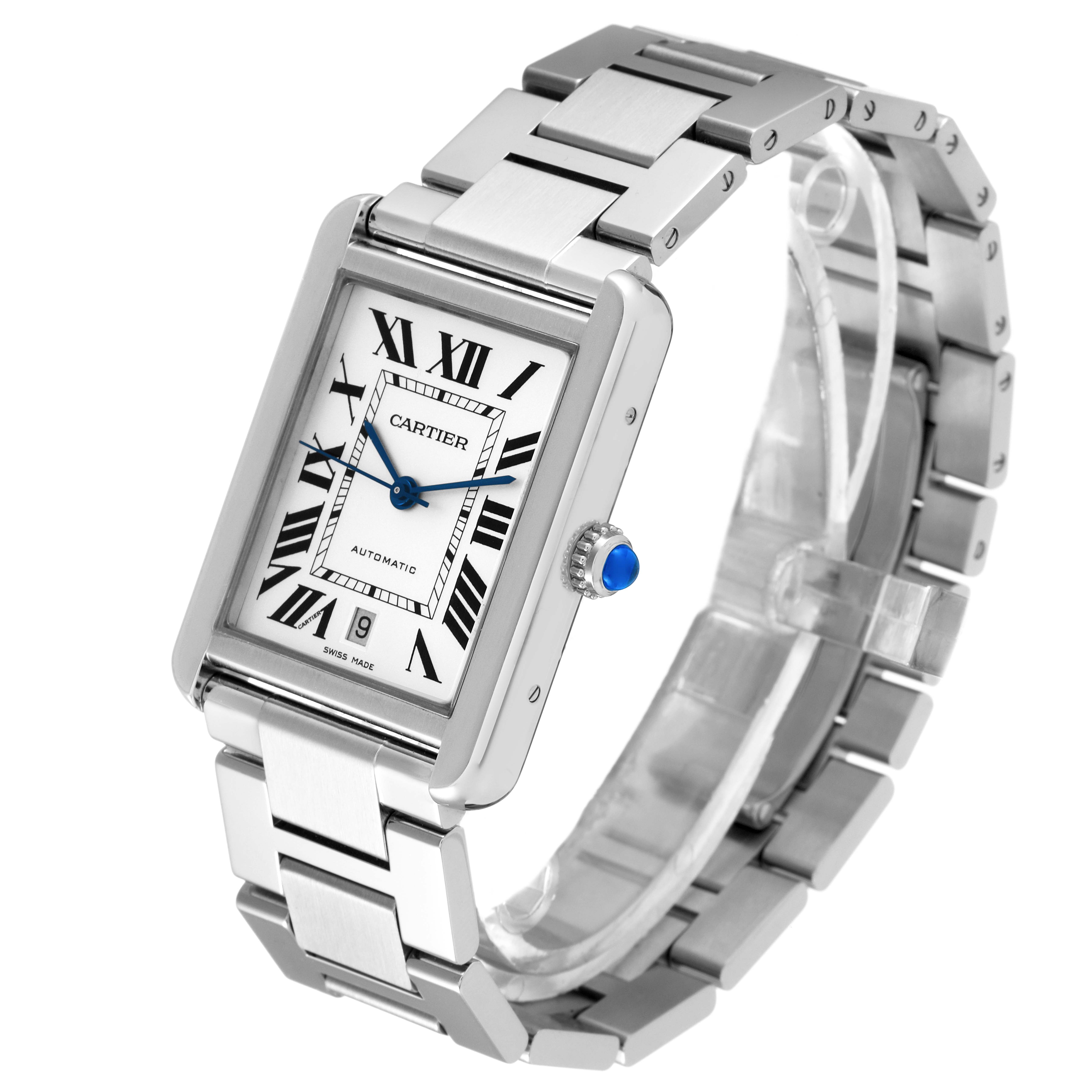 The image shows a Cartier Tank Solo W5200028 Men
s Stainless Steel Silver Dial W5200028 Men
s Stainless Steel Silver Dial watch at an angle, highlighting its rectangular dial, Roman numerals, and metal bracelet.