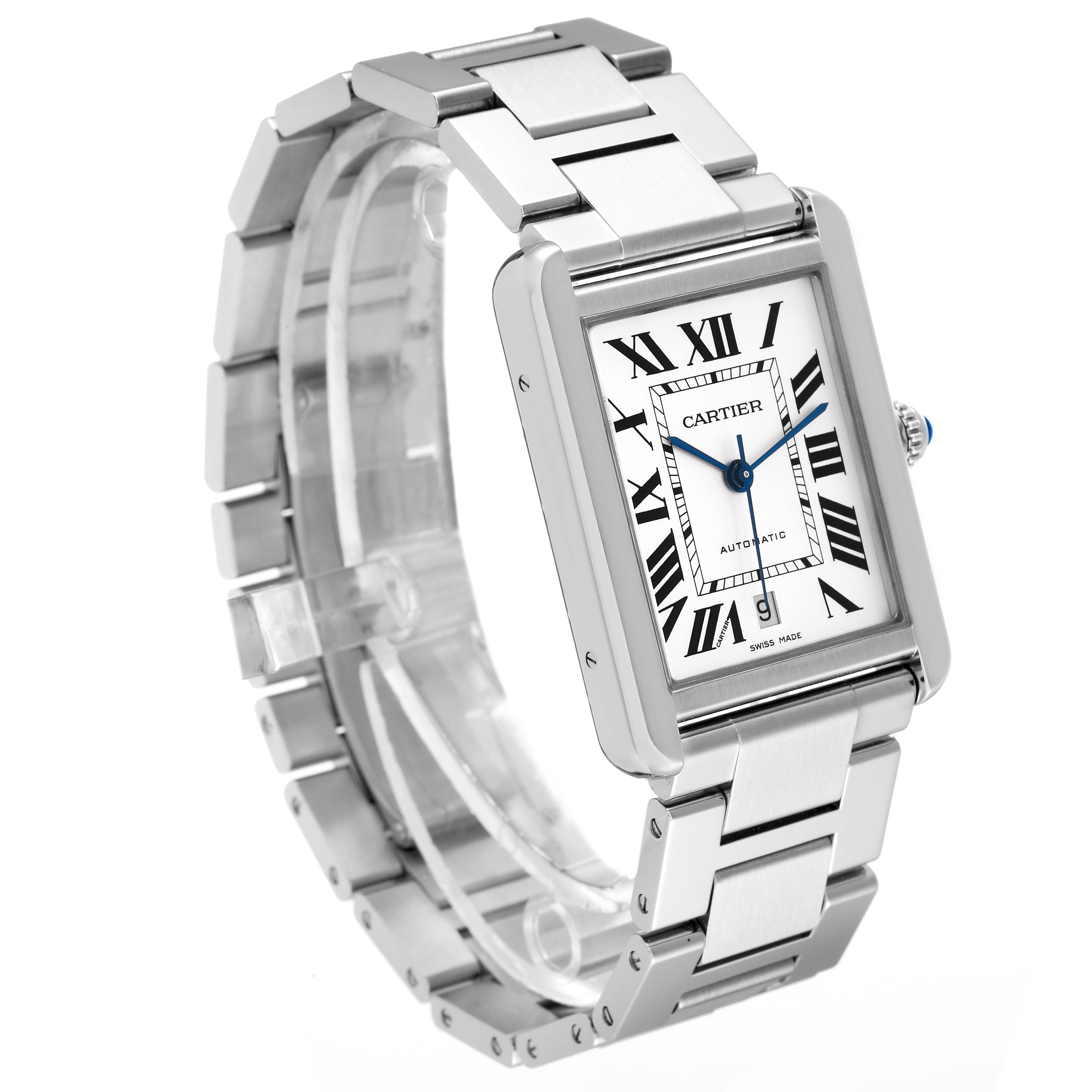 The image shows a Cartier Tank Solo W5200028 Men
s Stainless Steel Silver Dial W5200028 Men
s Stainless Steel Silver Dial watch at a slight angle, highlighting its rectangular face, Roman numerals, and metal bracelet.