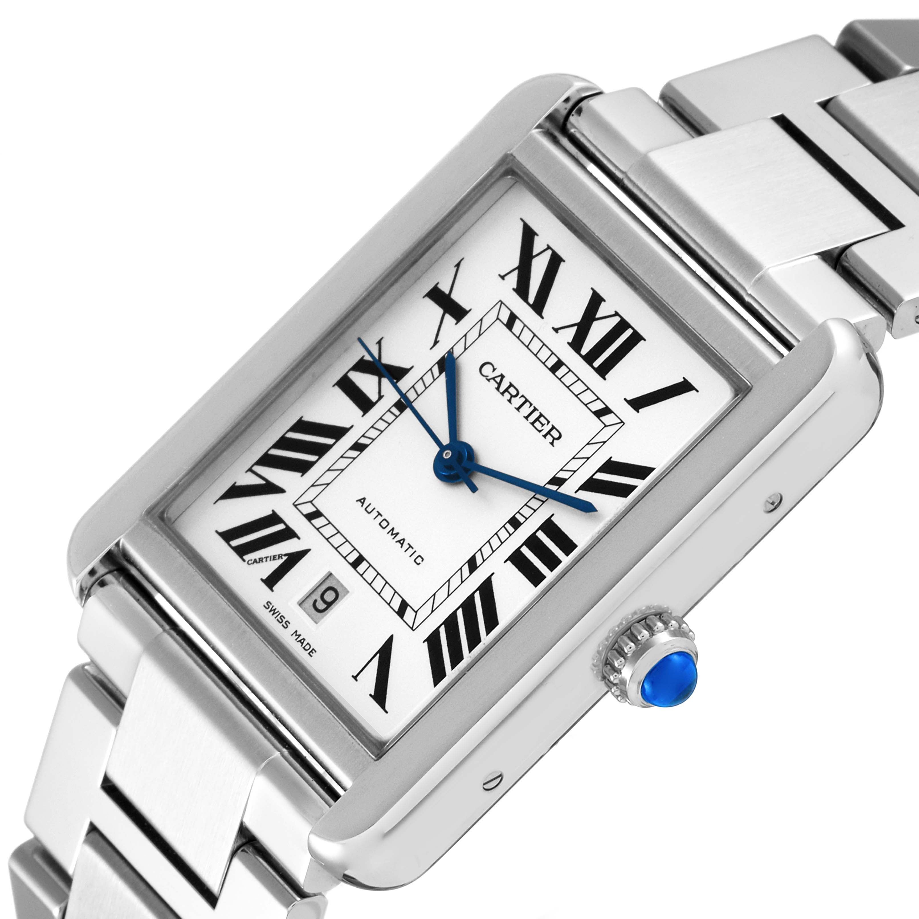The Cartier Tank Solo W5200028 Men
s Stainless Steel Silver Dial W5200028 Men
s Stainless Steel Silver Dial watch is shown at an angle displaying the face, Roman numeral markers, blue hands, and part of the metal bracelet.