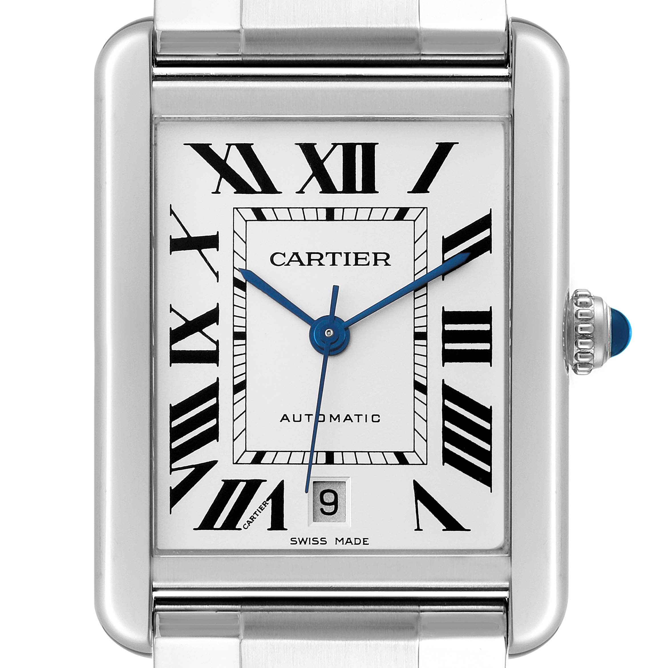 This close-up image of the Cartier Tank Solo W5200028 Men
s Stainless Steel Silver Dial W5200028 Men
s Stainless Steel Silver Dial watch shows the face with Roman numerals, blue hands, a date display, and the crown.