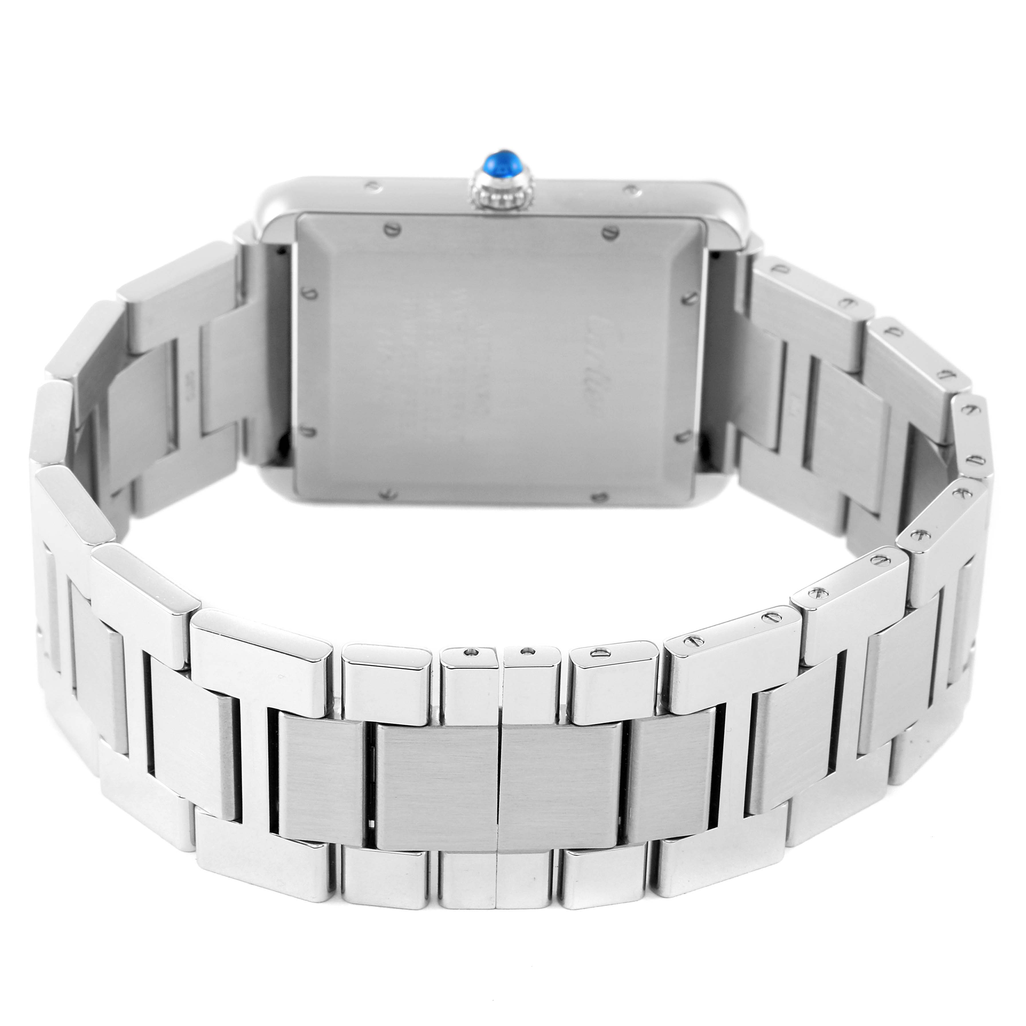 This image shows the back case and metal bracelet of a Cartier Tank Solo W5200028 Men
s Stainless Steel Silver Dial W5200028 Men
s Stainless Steel Silver Dial watch, highlighting the stainless steel links and crown.