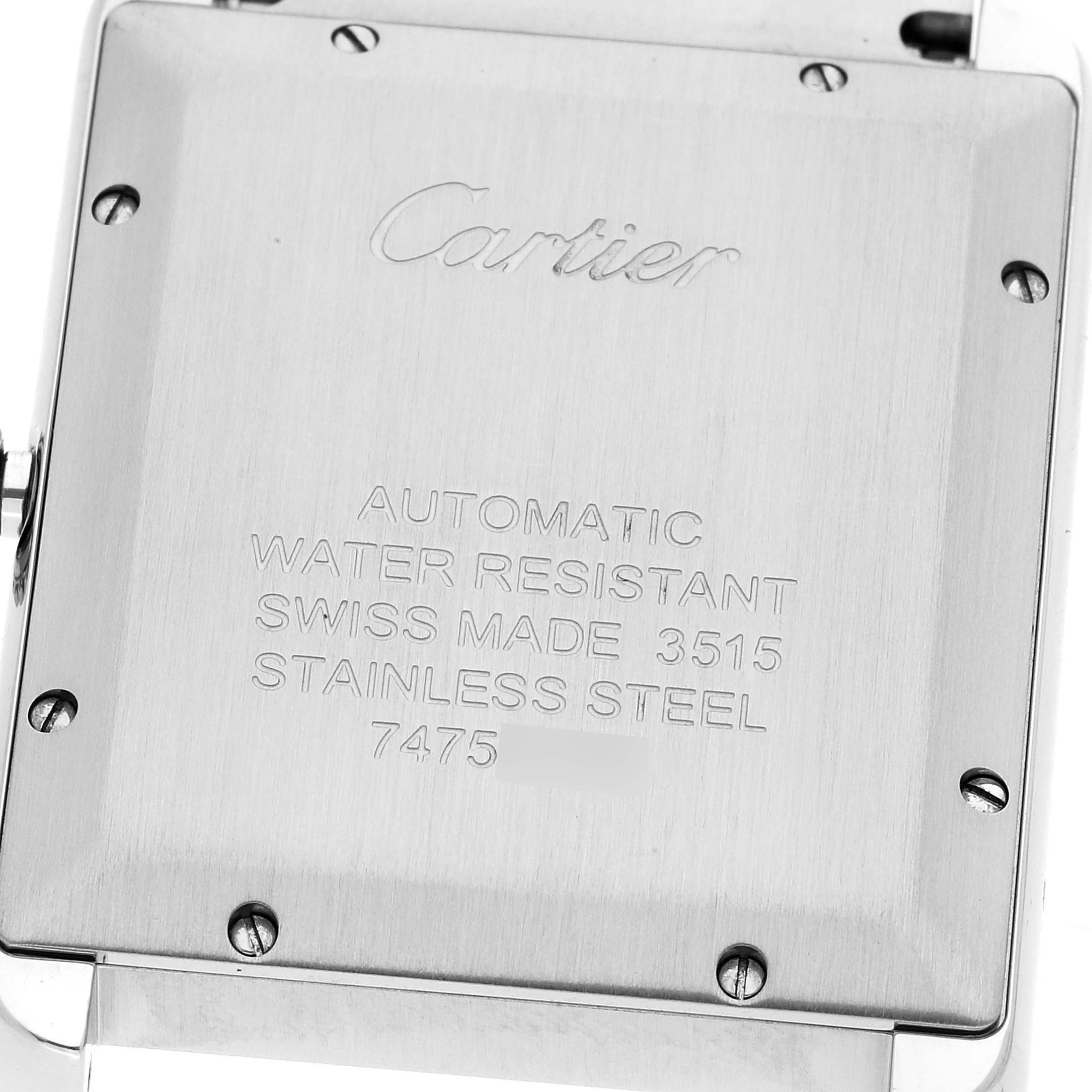 This image shows the back case of a Cartier Tank Solo W5200028 Men
s Stainless Steel Silver Dial W5200028 Men
s Stainless Steel Silver Dial watch, detailing its specifications.