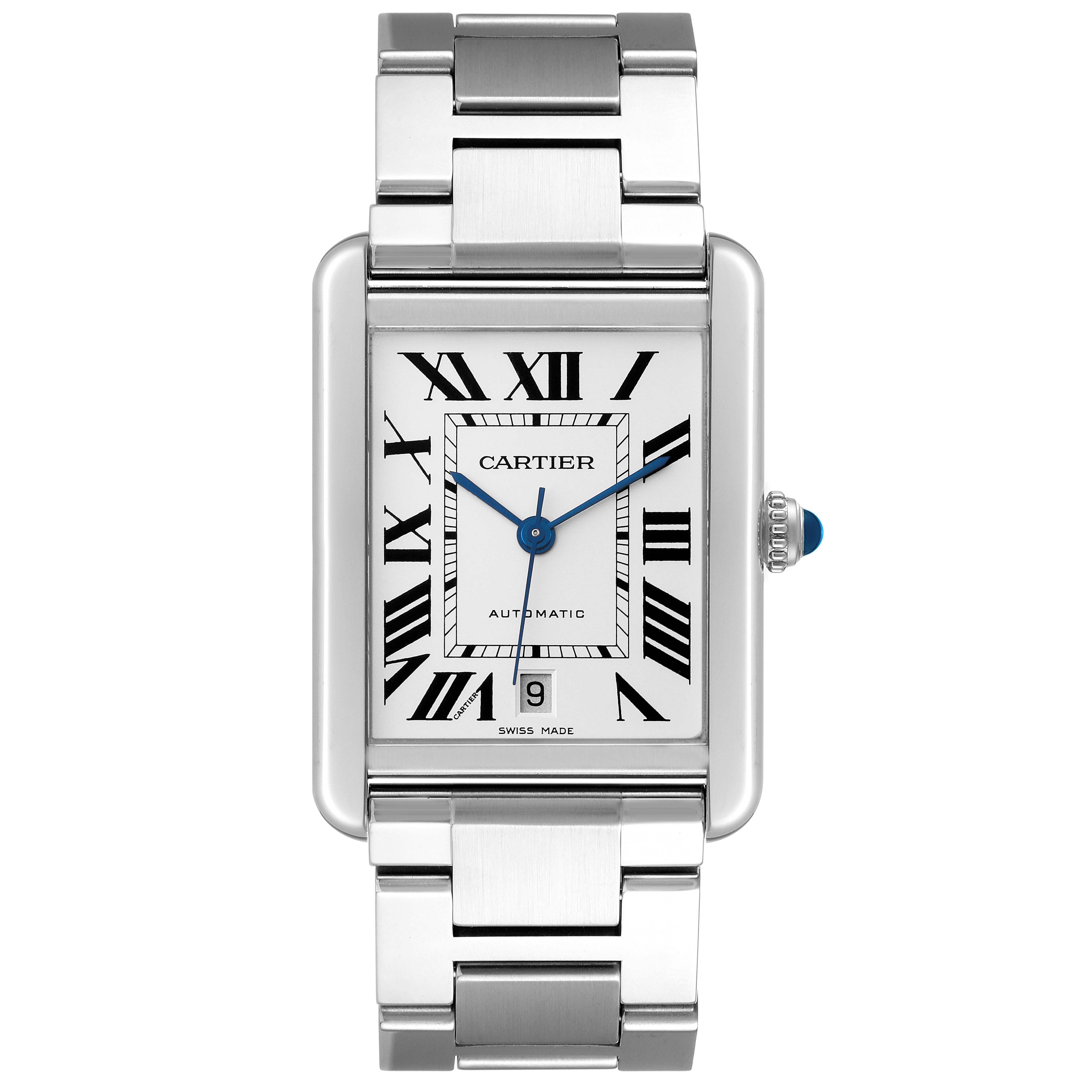 This is a top-down view of the Cartier Tank Solo W5200028 Men
s Stainless Steel Silver Dial W5200028 Men
s Stainless Steel Silver Dial watch showing its rectangular face, Roman numerals, blue hands, and metal bracelet.