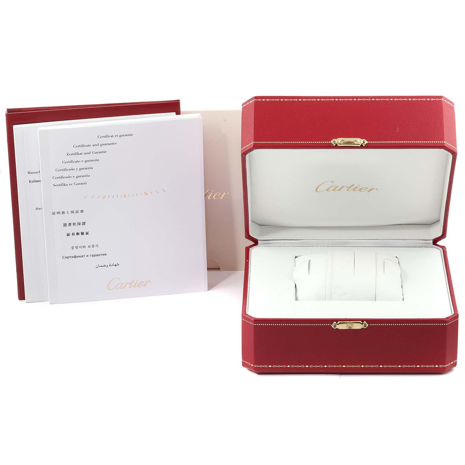 This image shows the packaging and documents for the Cartier Tank Solo W5200028 Men
s Stainless Steel Silver Dial W5200028 Men
s Stainless Steel Silver Dial watch, including the red box and warranty booklets.