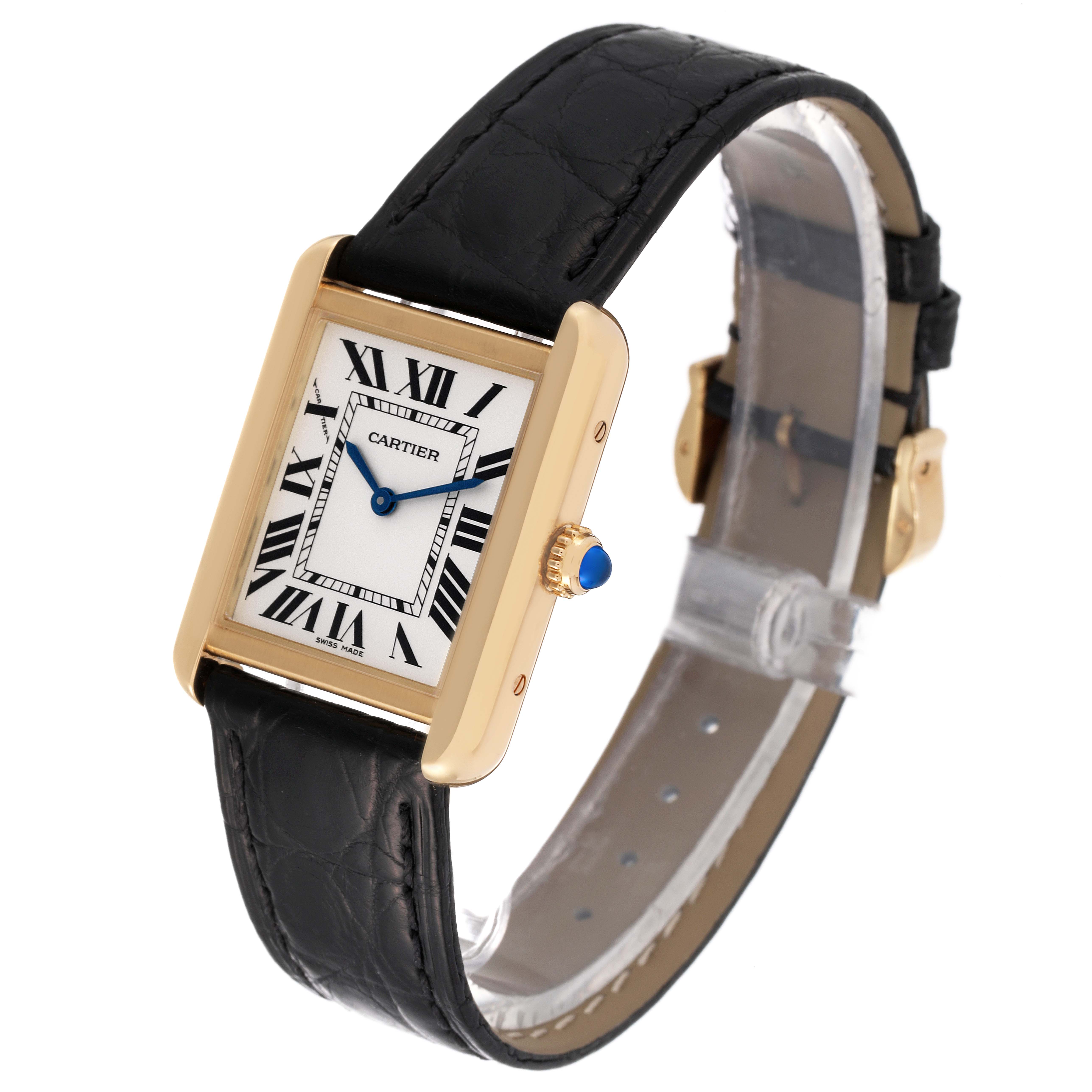 The Cartier Tank Solo W5200002 Women
s Yellow Gold Silver Dial W5200002 Women
s Yellow Gold Silver Dial watch is shown at a three-quarter angle, displaying the face, strap, and crown.