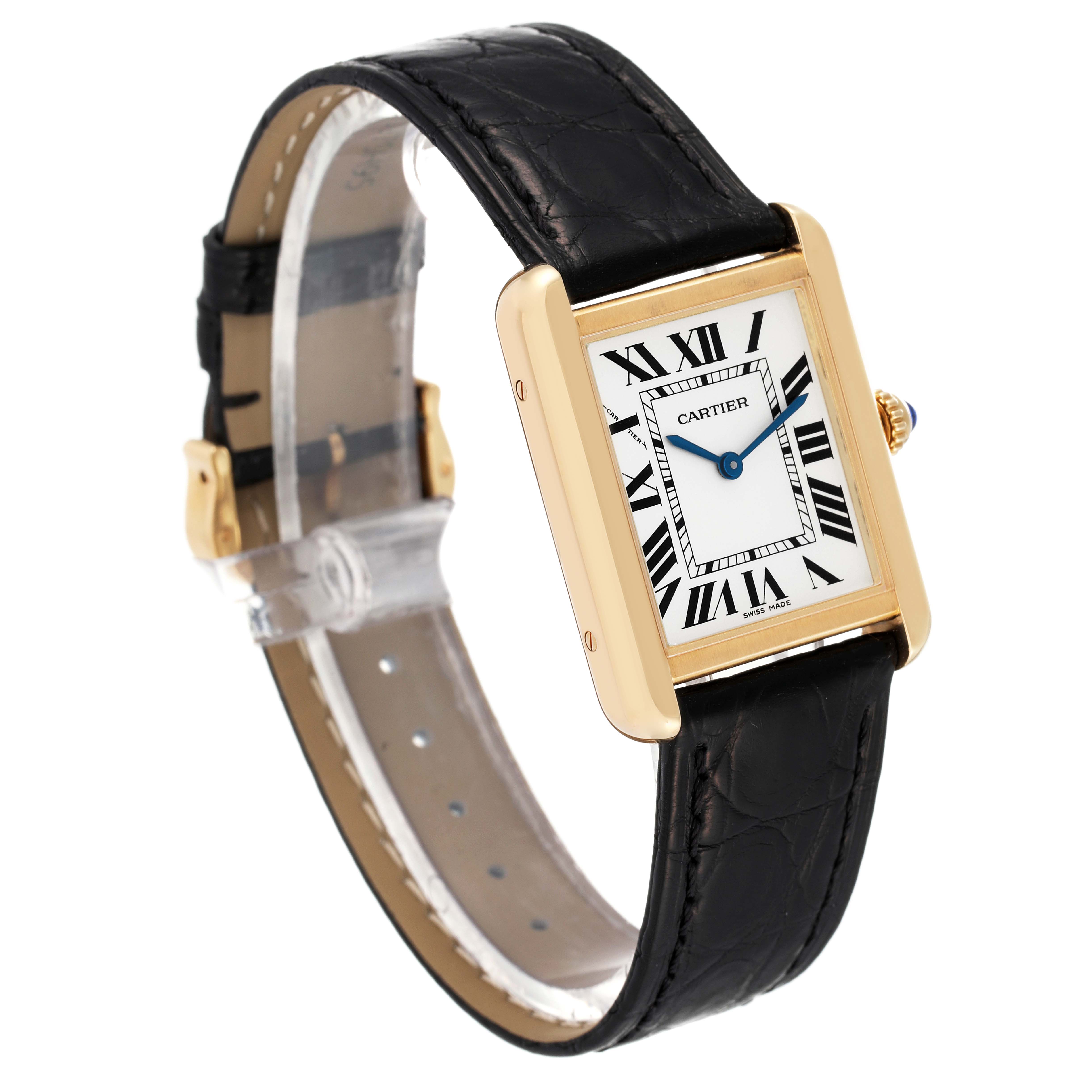The image shows a Cartier Tank Solo W5200002 Women
s Yellow Gold Silver Dial W5200002 Women
s Yellow Gold Silver Dial watch at a three-quarter angle, highlighting its rectangular face and black leather strap.