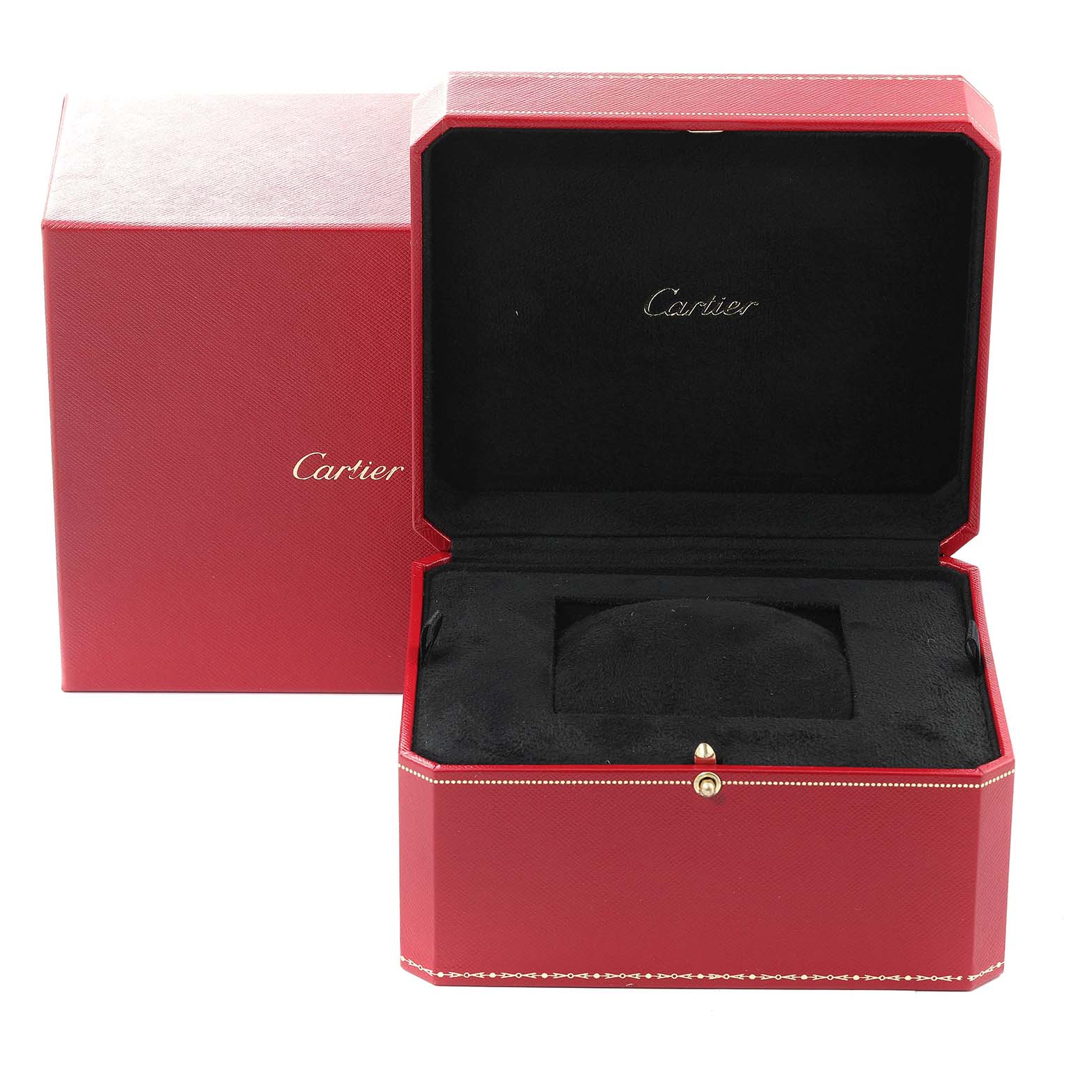 The image shows an open red Cartier watch box for the Tank Solo model, revealing the inner black cushion and Cartier branding.