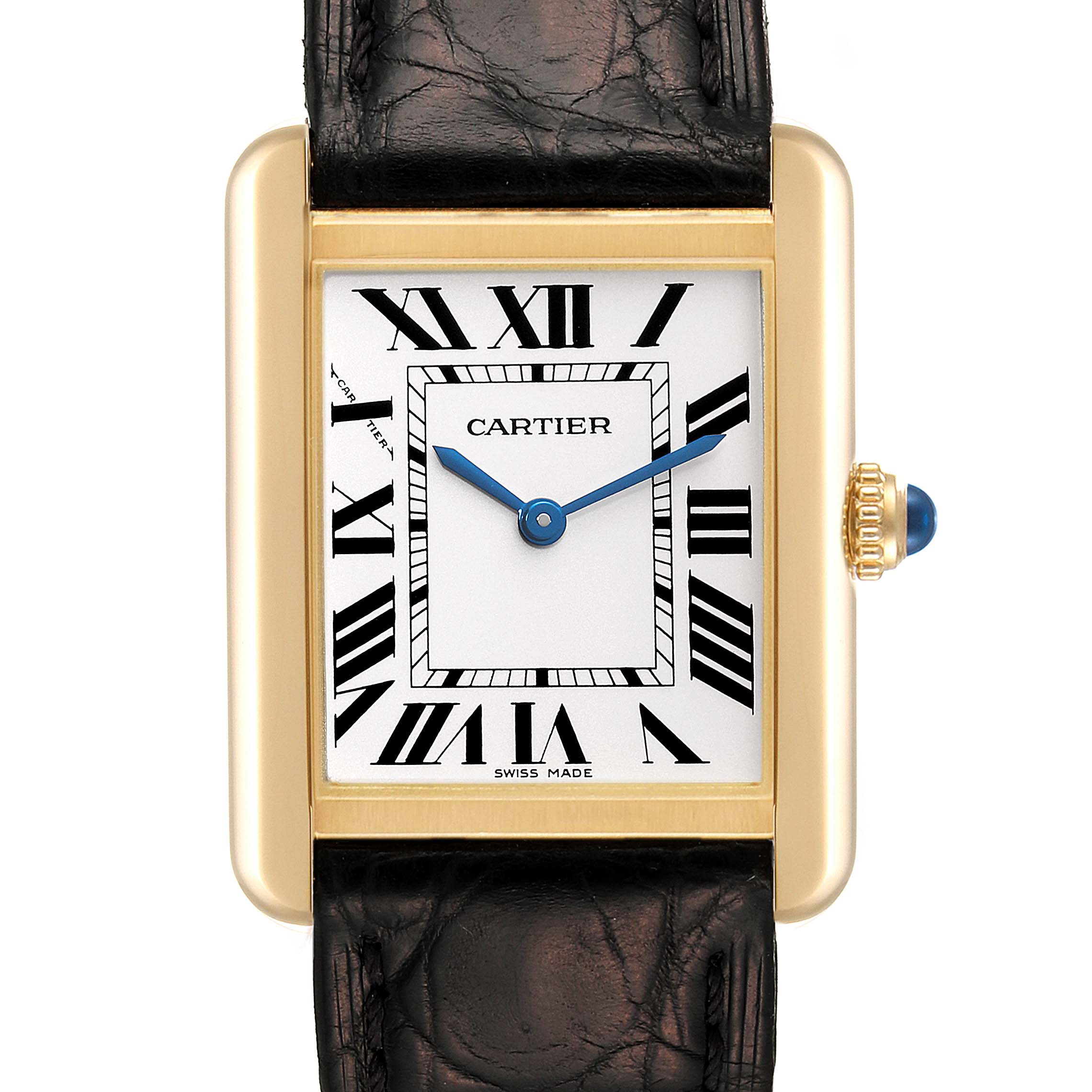 The image shows a frontal view of a Cartier Tank Solo W5200002 Women
s Yellow Gold Silver Dial W5200002 Women
s Yellow Gold Silver Dial watch, highlighting its rectangular dial, Roman numerals, and leather strap.