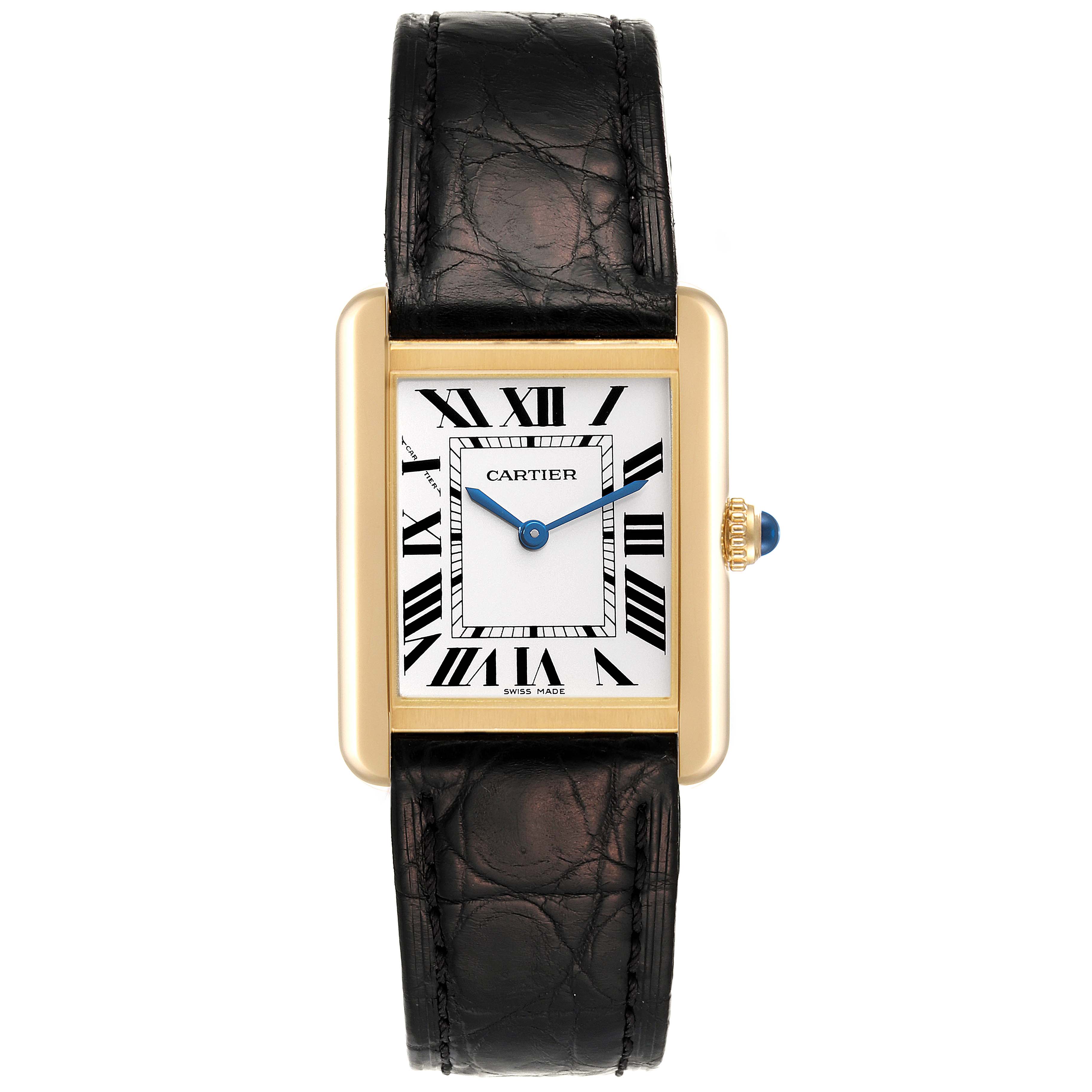 The image shows a front view of the Cartier Tank Solo W5200002 Women
s Yellow Gold Silver Dial W5200002 Women
s Yellow Gold Silver Dial watch, featuring its rectangular face, Roman numerals, and black leather strap.
