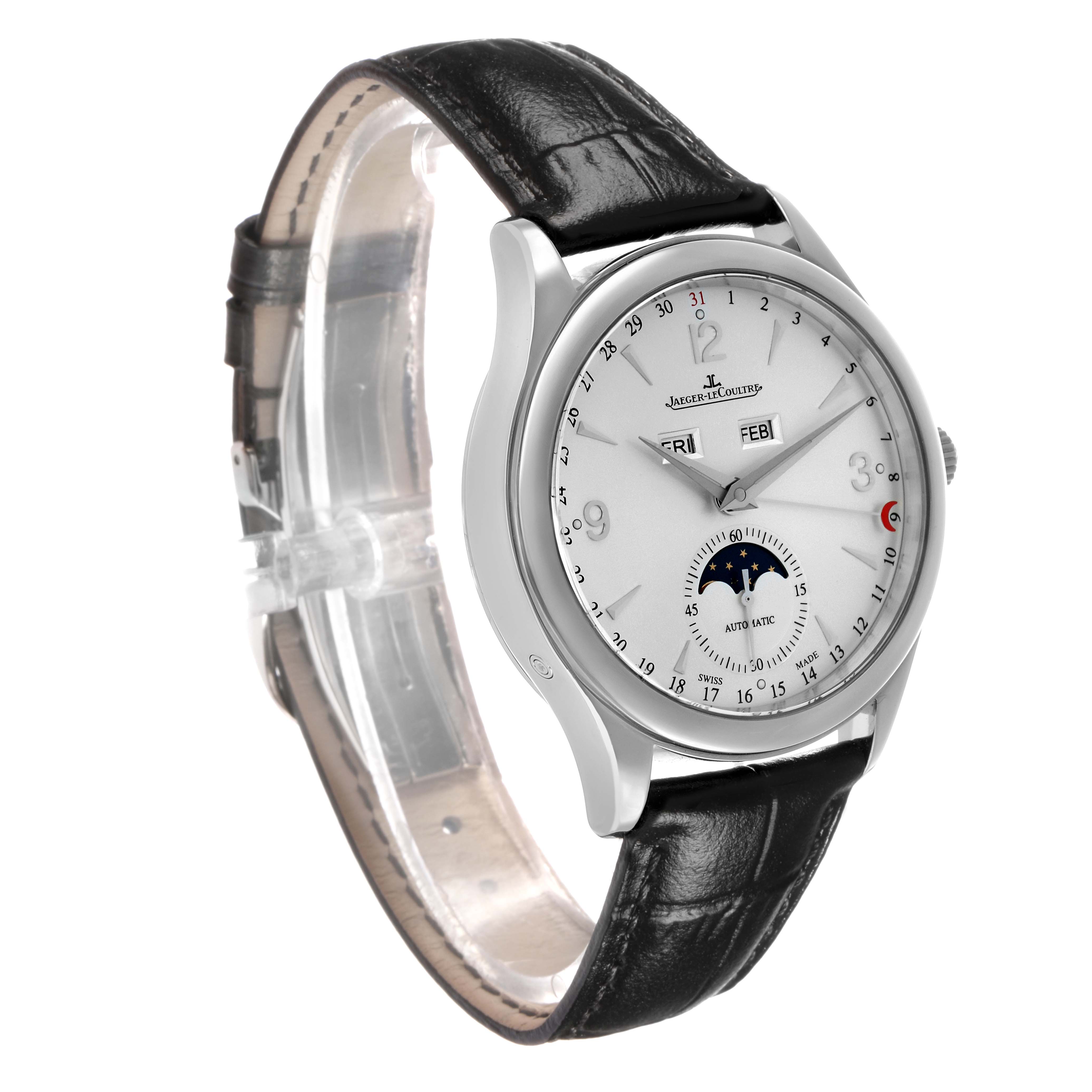 The Jaeger LeCoultre Master Q1558420 Men's Stainless Steel Silver Dial watch is shown at a front-side angle, displaying its dial, case, and leather strap.