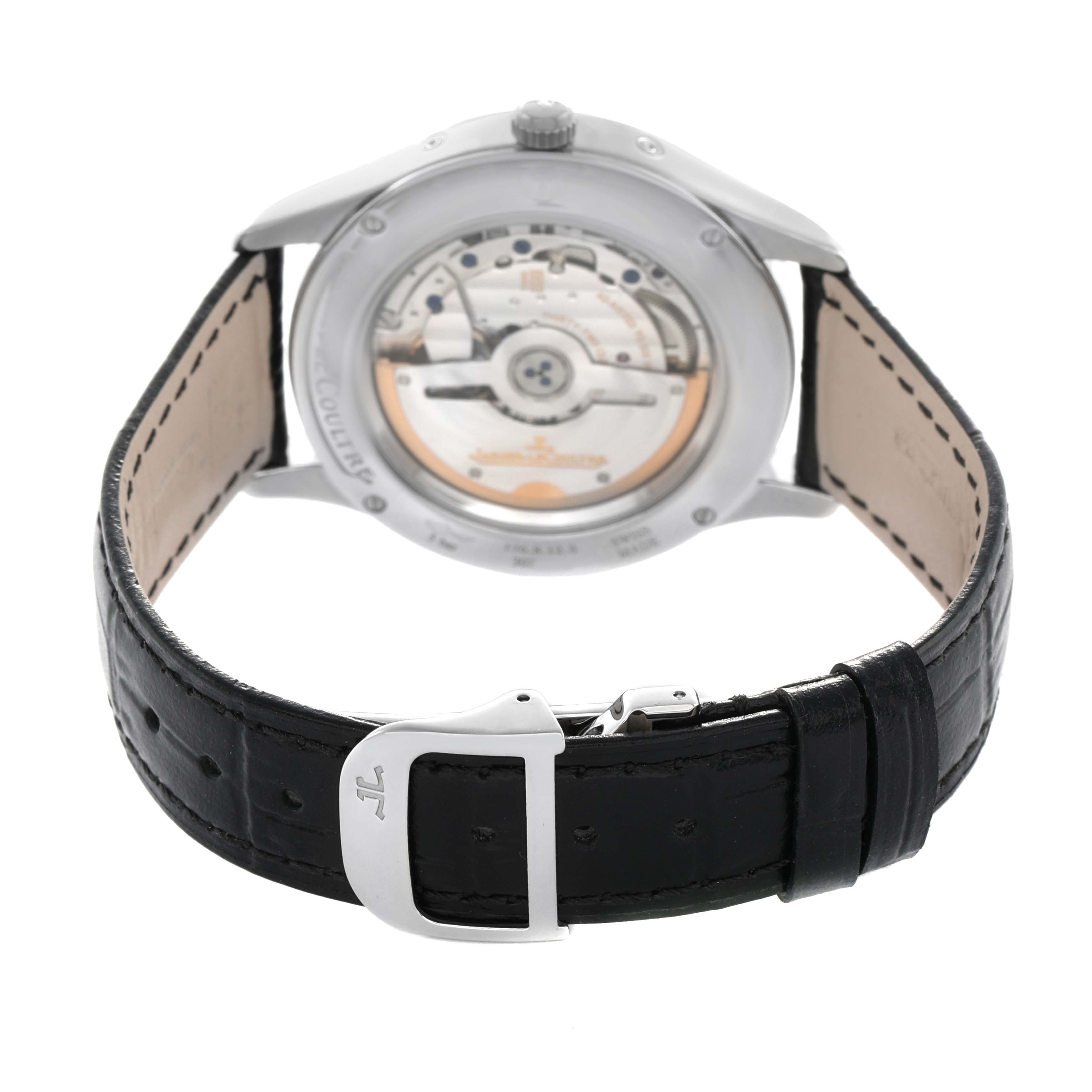 The Jaeger LeCoultre Master Q1558420 Men's Stainless Steel Silver Dial model is shown from the back, highlighting the movement, black leather strap, and clasp.