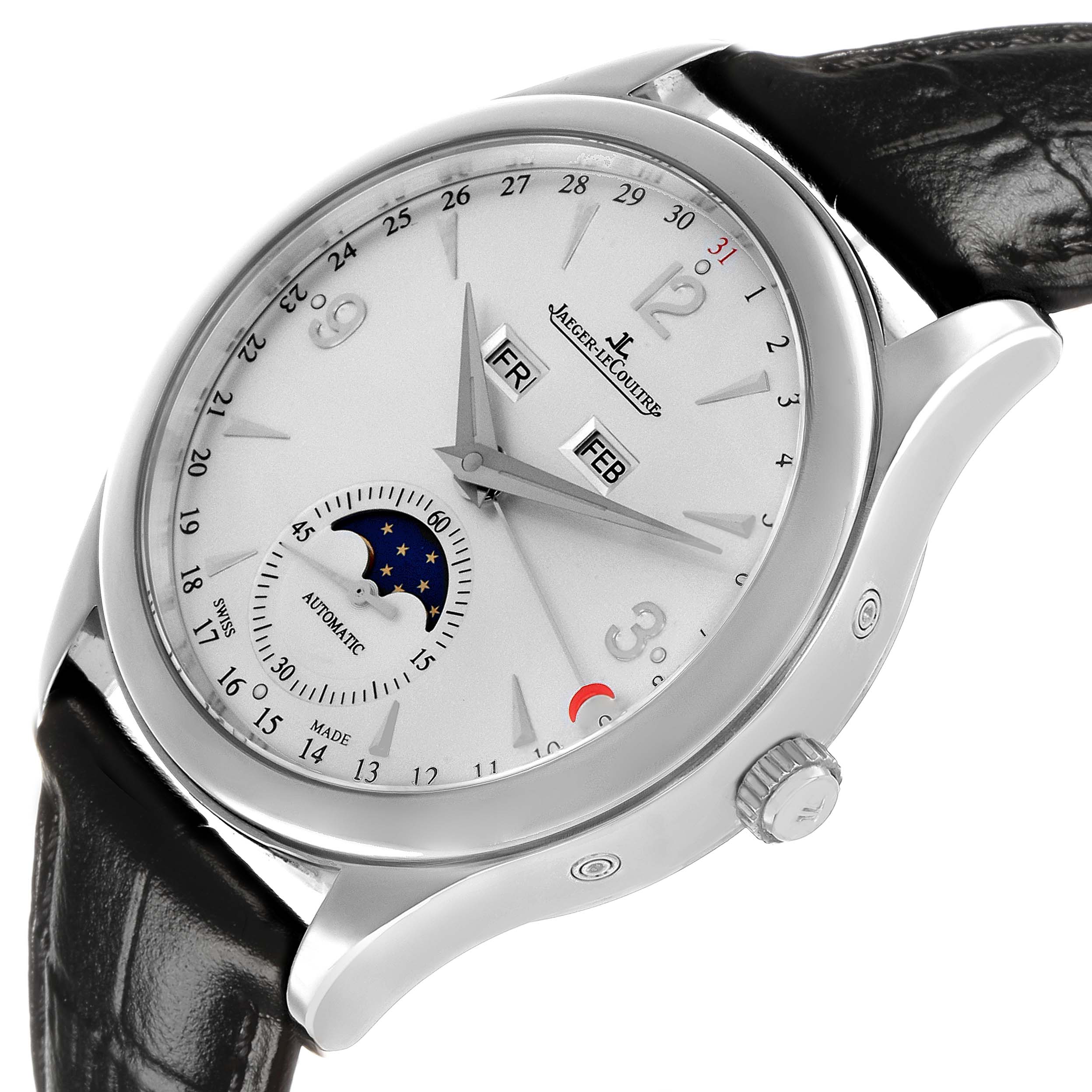 The Jaeger LeCoultre Master Q1558420 Men's Stainless Steel Silver Dial watch is shown at a tilted angle, displaying the dial, crown, and moon phase complications.