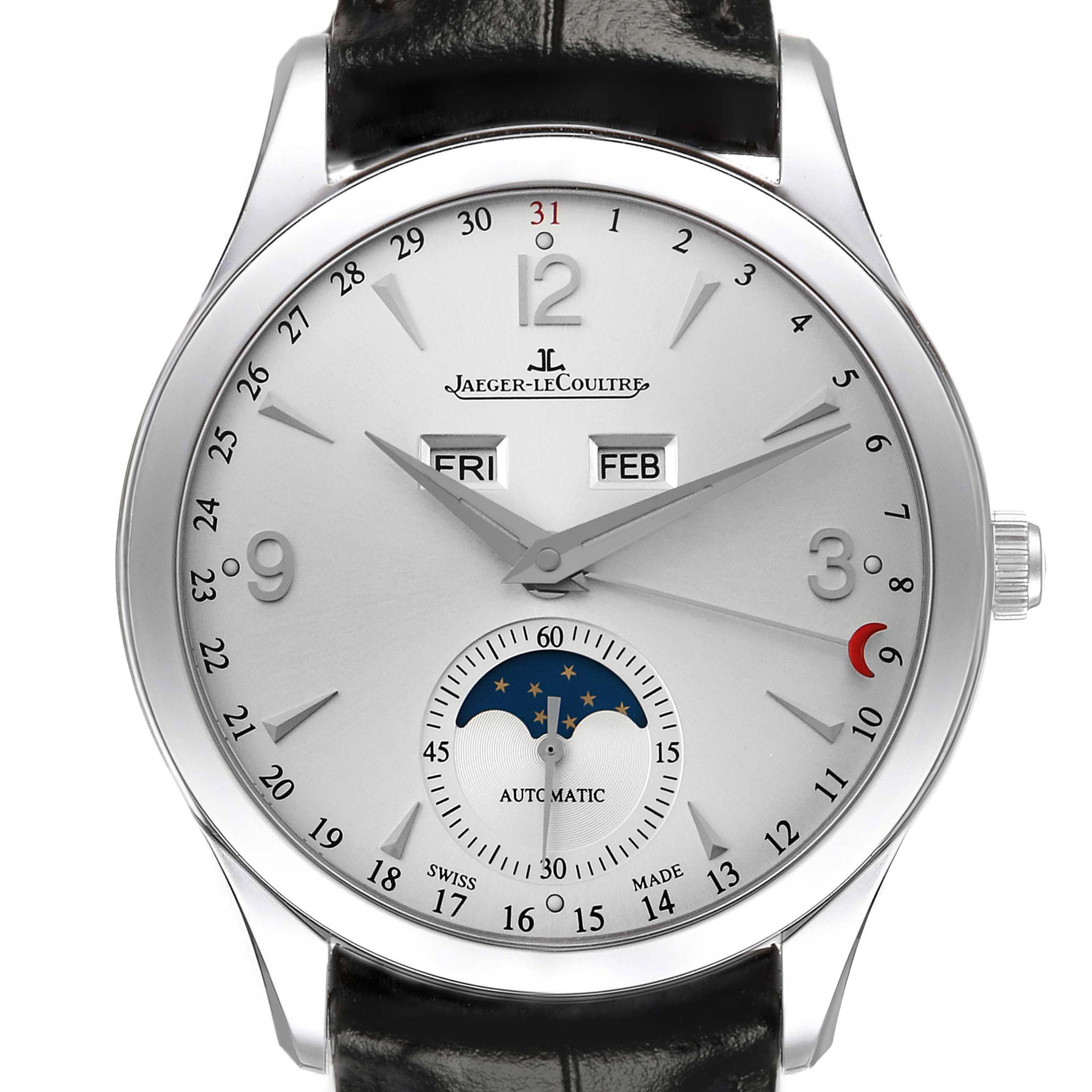 The Jaeger-LeCoultre Master watch is shown from the front, displaying the dial, day-date windows, moon phase, and black strap.