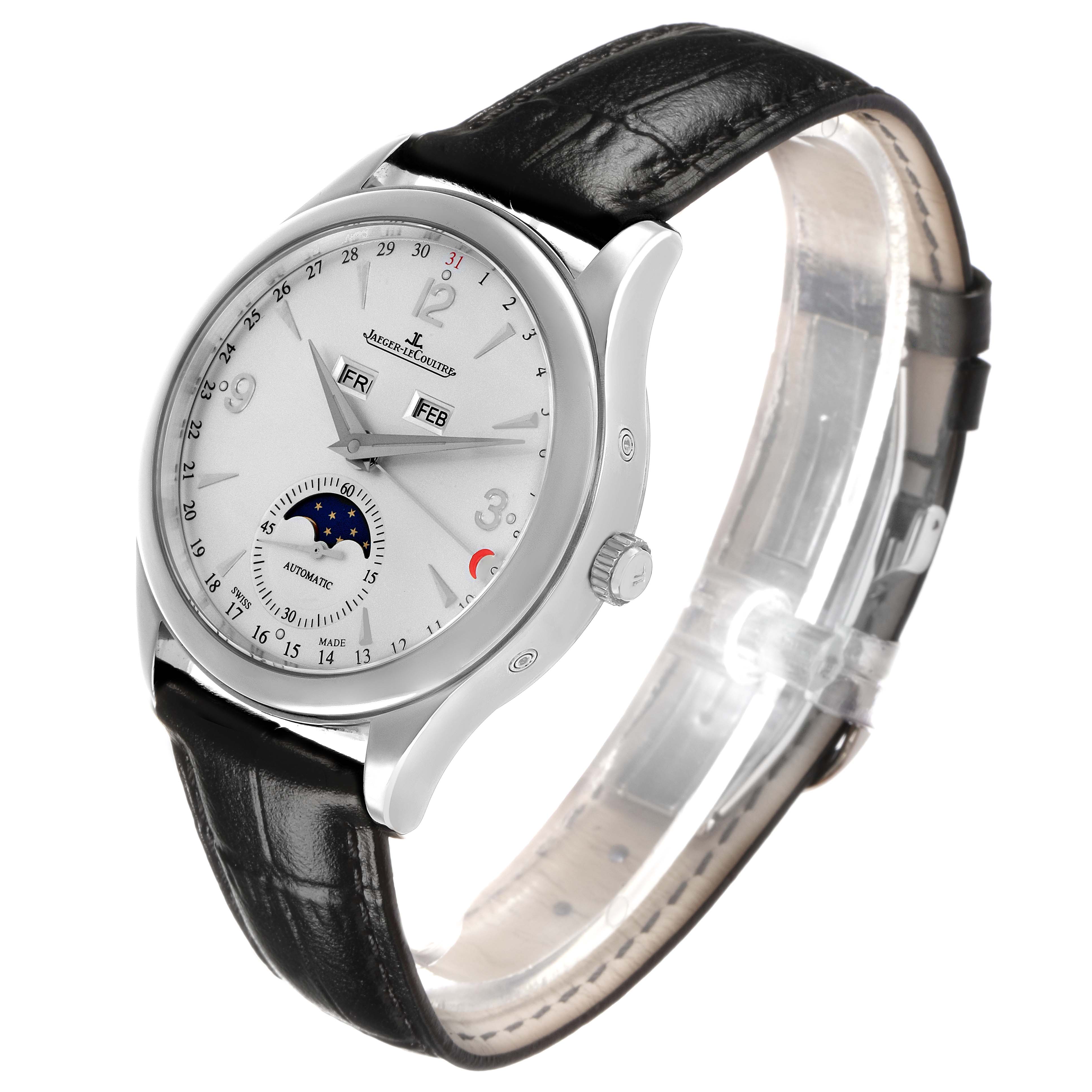 The Jaeger-LeCoultre Master watch is shown at a three-quarter angle, displaying the dial, crown, and leather strap.