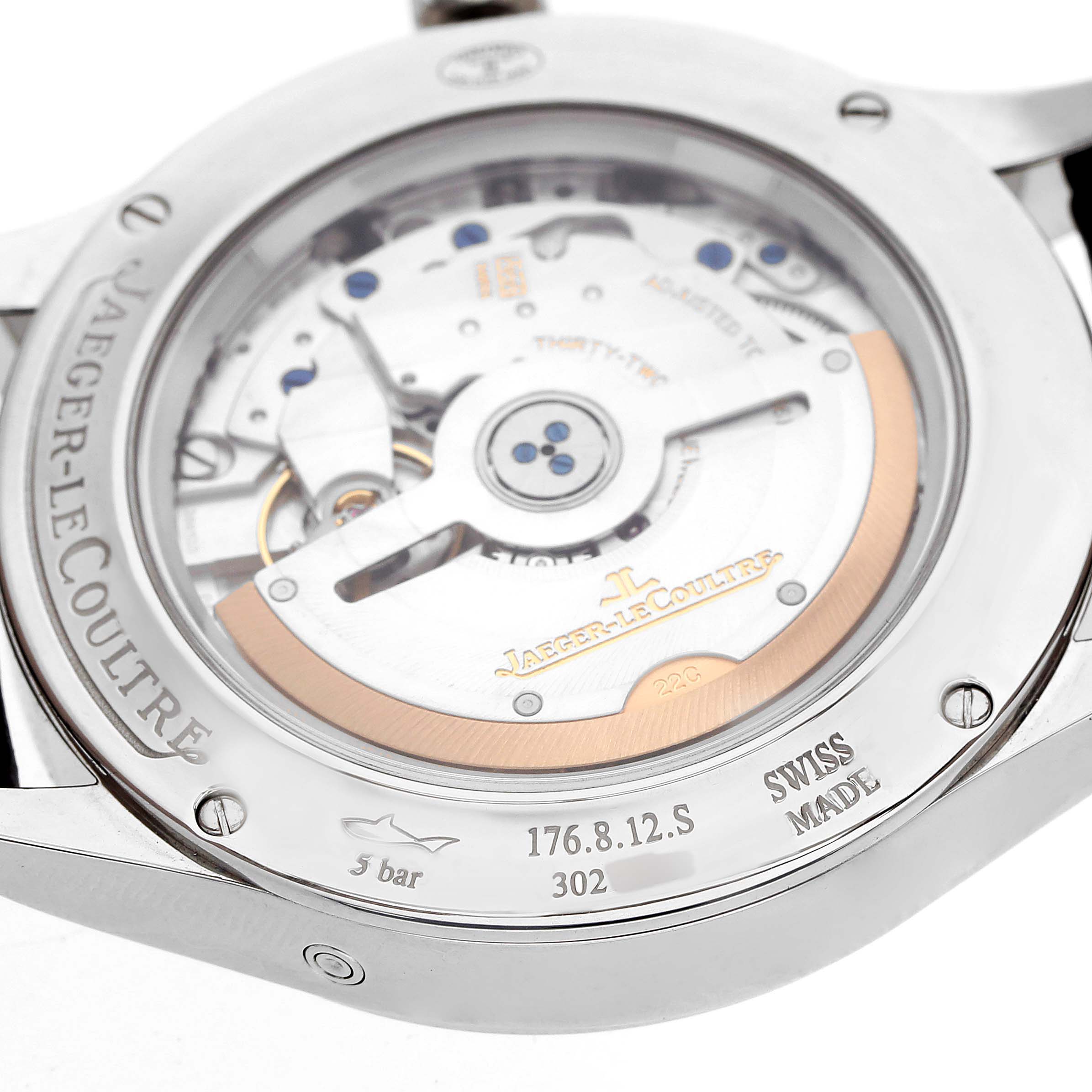 The image shows the back of a Jaeger-LeCoultre Master model watch, highlighting the intricate mechanical movement.