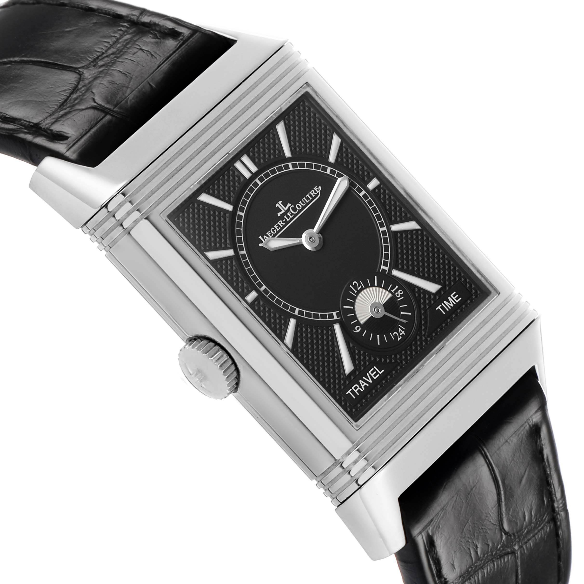 The Jaeger-LeCoultre Reverso watch is shown at a slight angle, highlighting its dial, crown, and black leather strap.