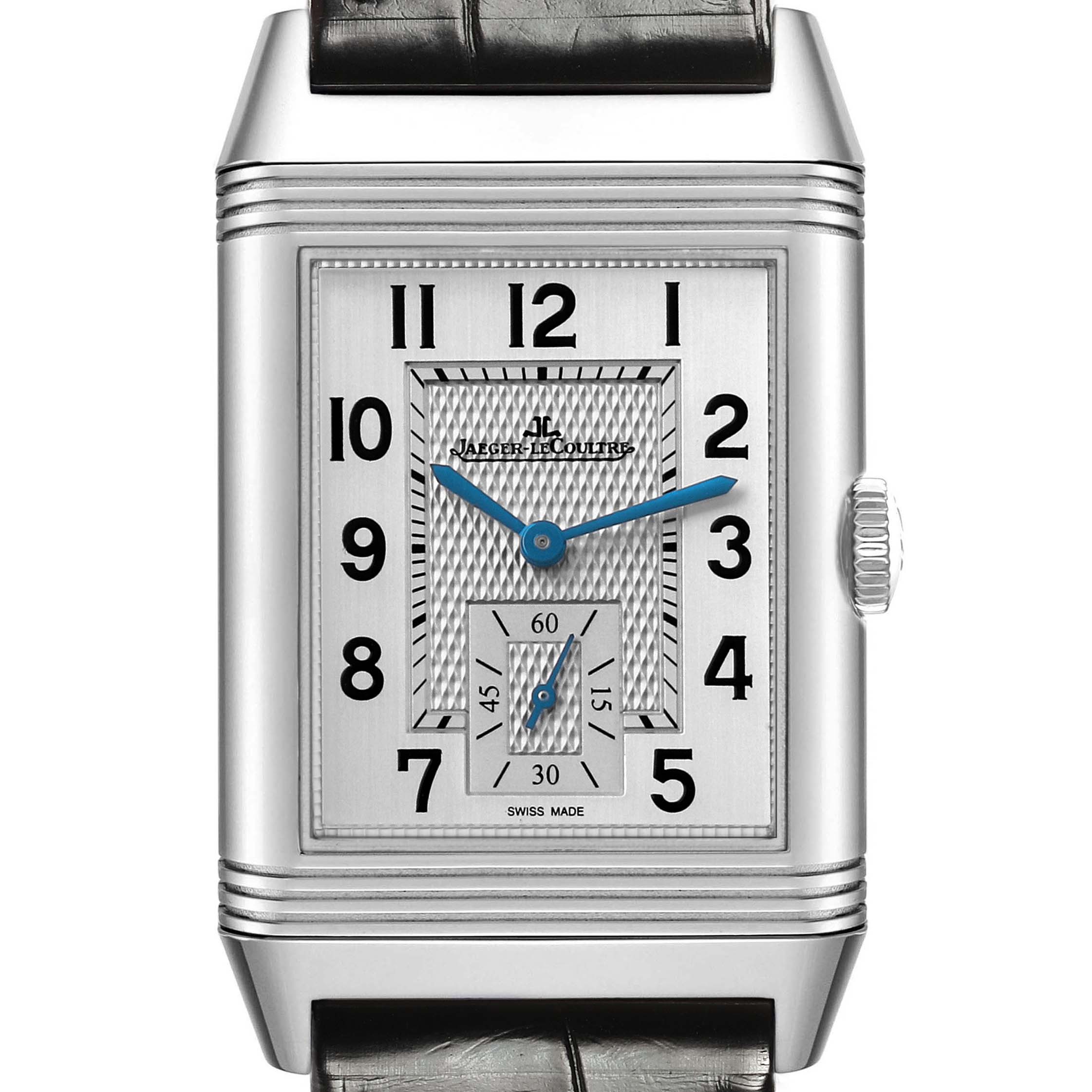 This image shows a front view of the Jaeger-LeCoultre Reverso watch, highlighting its rectangular dial and blue hands.