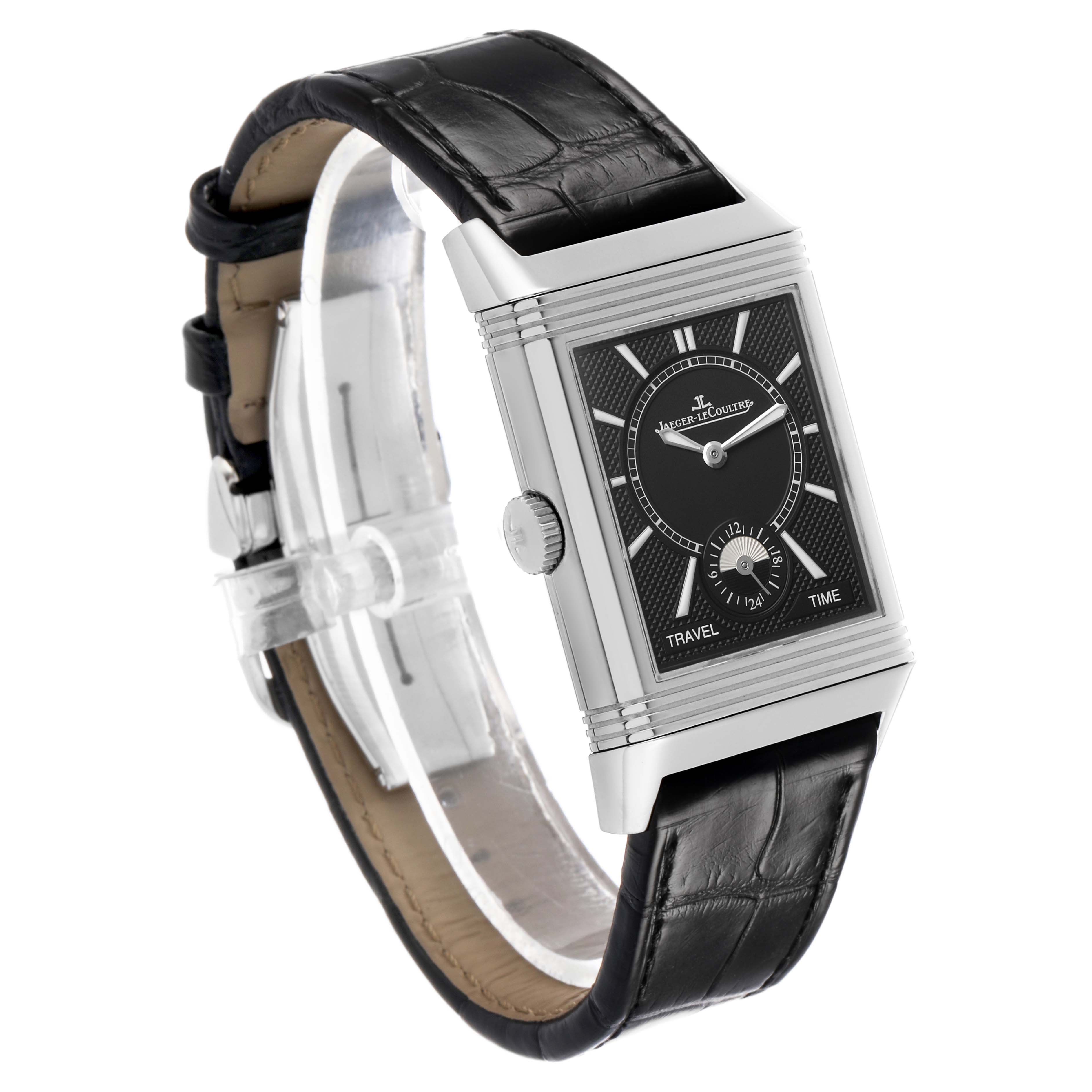 The Jaeger-LeCoultre Reverso model is shown at a three-quarter angle, displaying the watch face, crown, and leather strap.