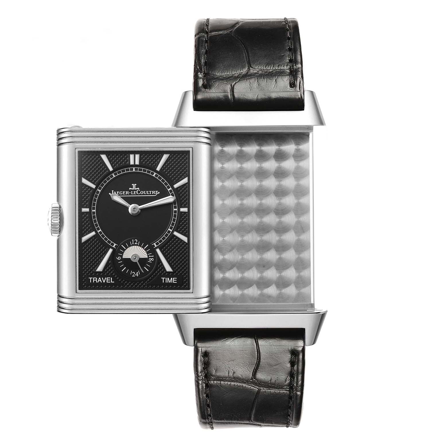 The Jaeger LeCoultre Reverso Q3848420 Men's Stainless Steel Silver Dial watch is shown with its case partially open, displaying both the dial and the reverse metal pattern.