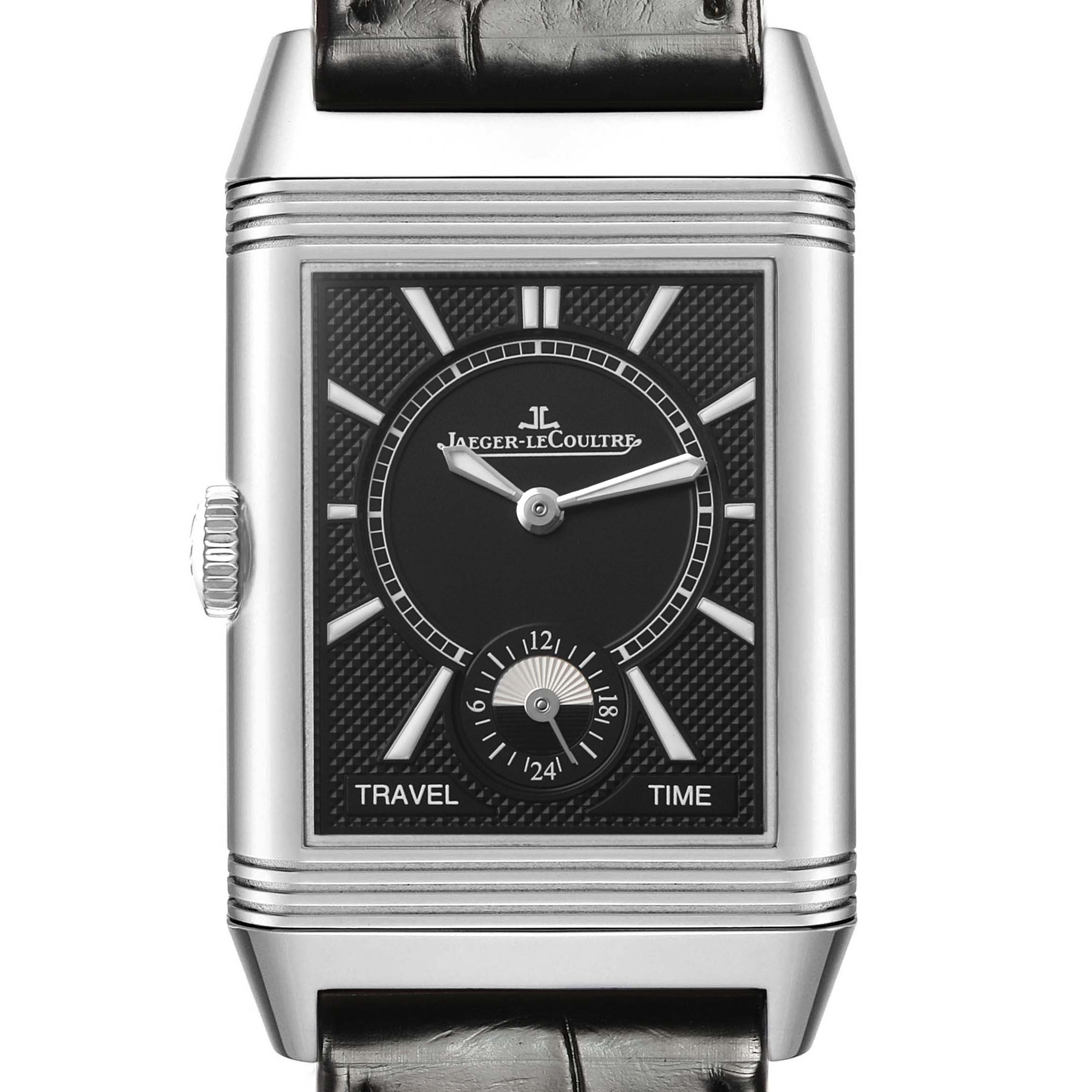 The Jaeger LeCoultre Reverso Q3848420 Men's Stainless Steel Silver Dial watch is shown from the front, highlighting its dial, crown, and strap attachment.