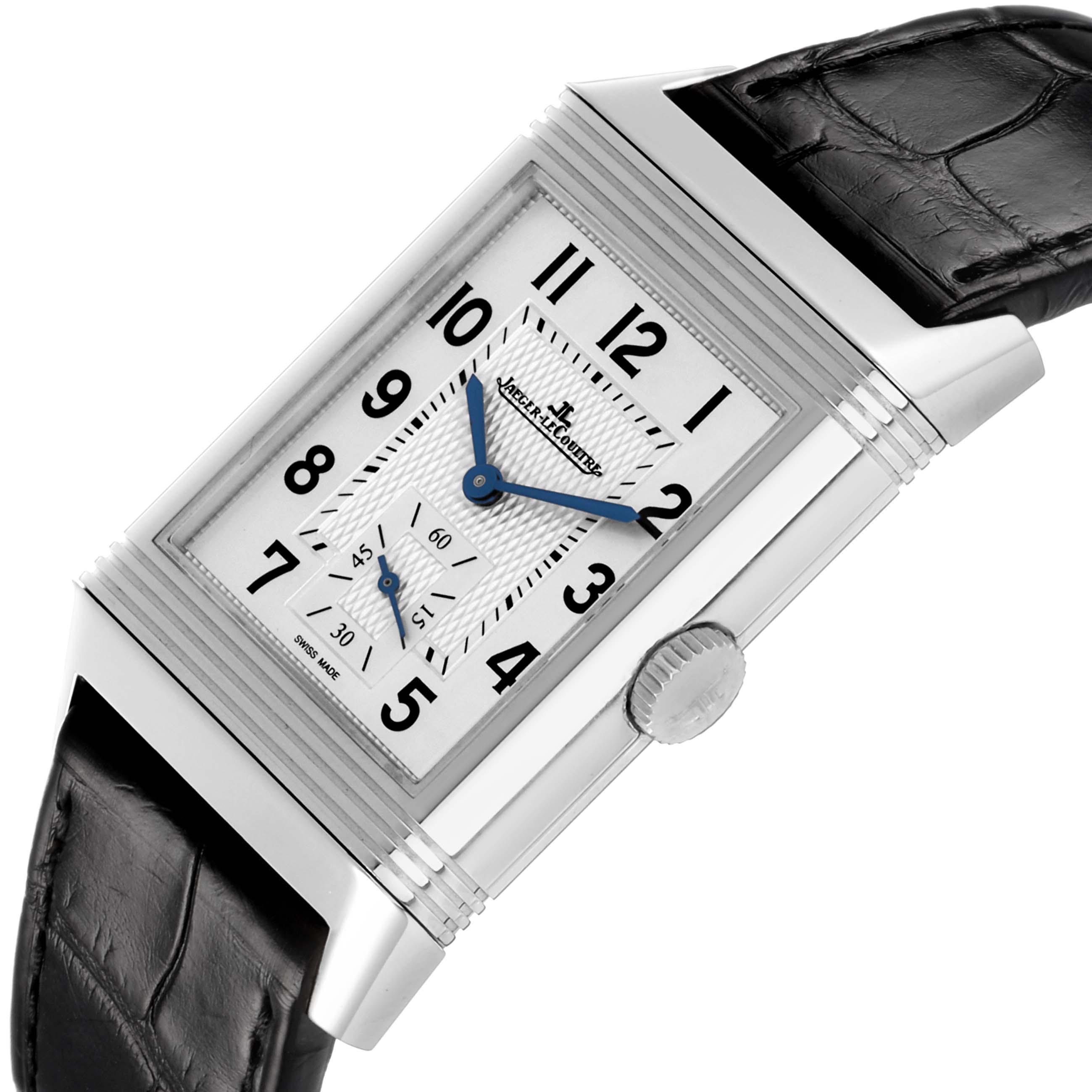 The image shows a Jaeger-LeCoultre Reverso watch at an angled side view highlighting the crown, dial, and partially the strap.