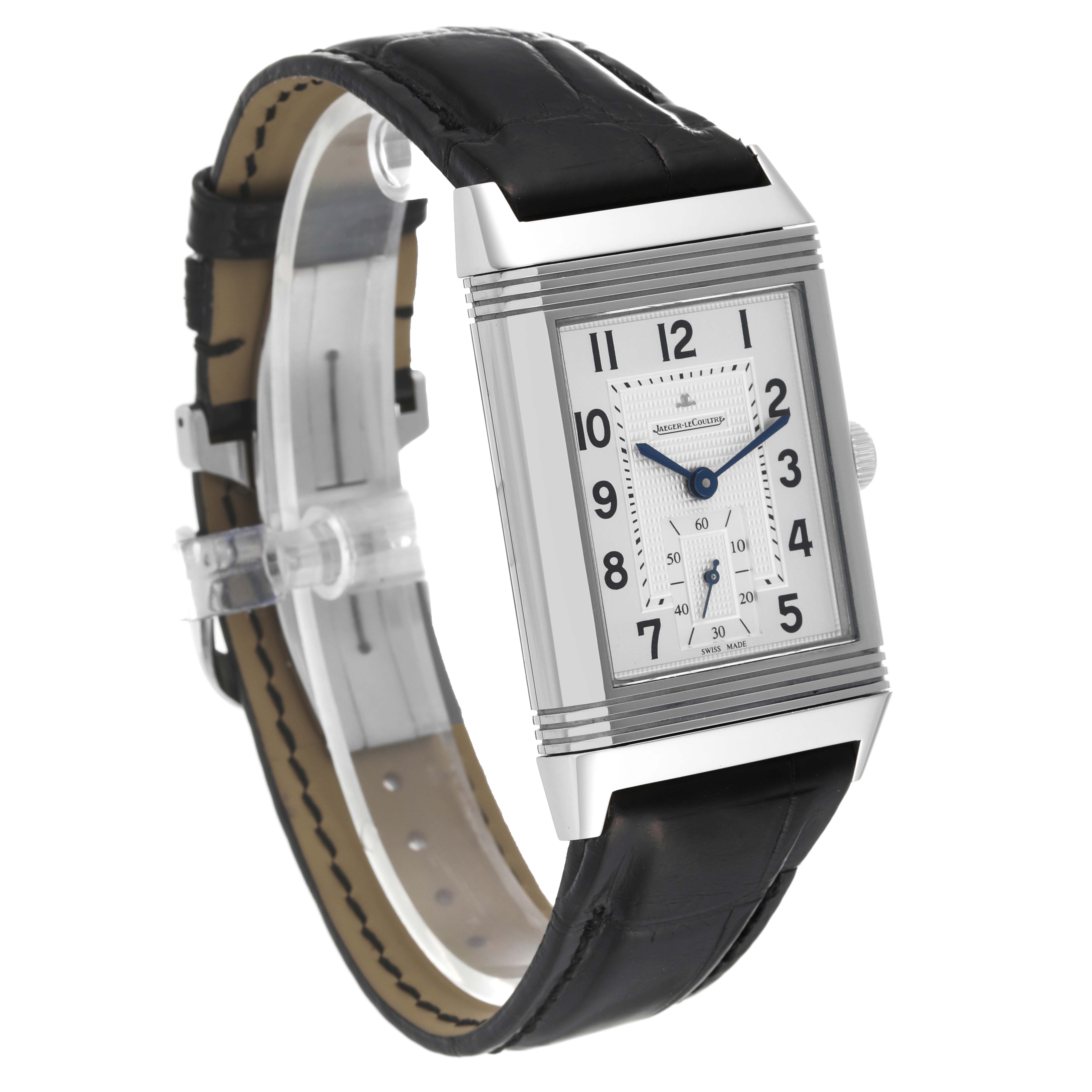 The image shows a Jaeger LeCoultre Reverso Q3738420 Men's Stainless Steel Silver Dial Q3738420 Men's Stainless Steel Silver Dial watch at a 3/4 angle, displaying the face, crown, case, and leather strap.